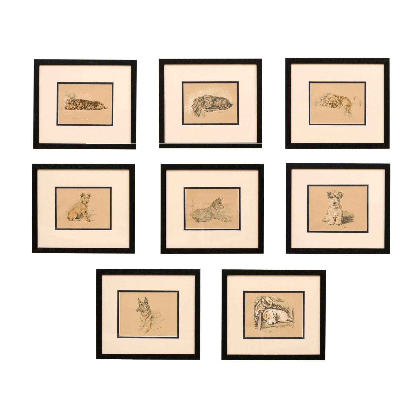 A set of 8 English Lucy Dawson prints from the 20th century, in black frames. We are also happy to sell the prints individually, $495 each. Created in England during the 20th century, each of this set of 8 prints, created by Lucy Dawson, features a