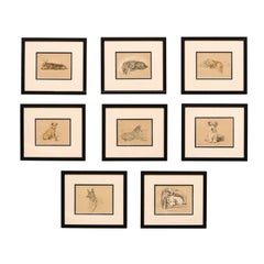 Set of 8 English Lucy Dawson Prints Depicting Dogs in Black Frames under Glass.