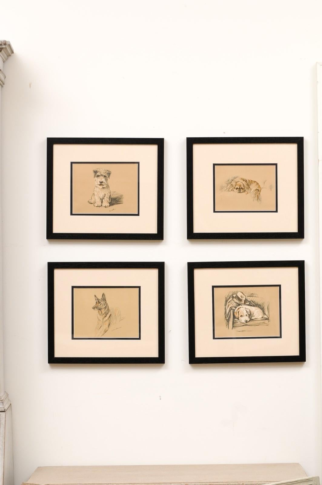 Set of 8 English Lucy Dawson Prints Depicting Dogs in Black Frames under Glass. In Good Condition In Atlanta, GA