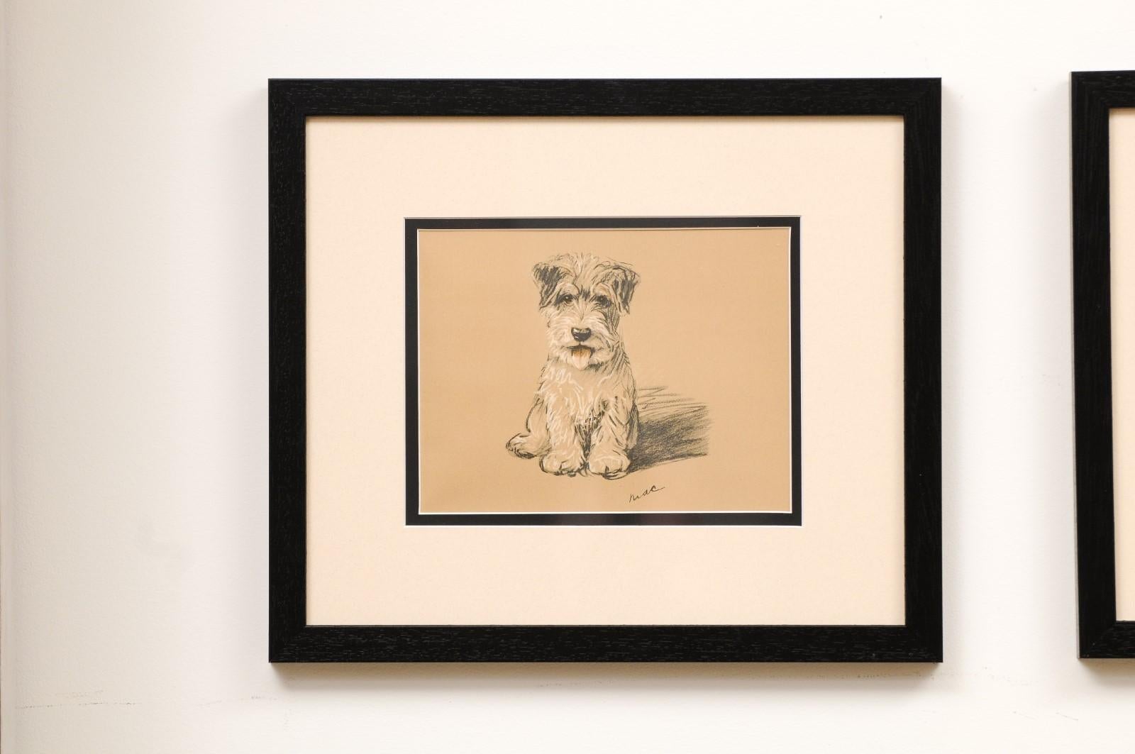 20th Century Set of 8 English Lucy Dawson Prints Depicting Dogs in Black Frames under Glass.