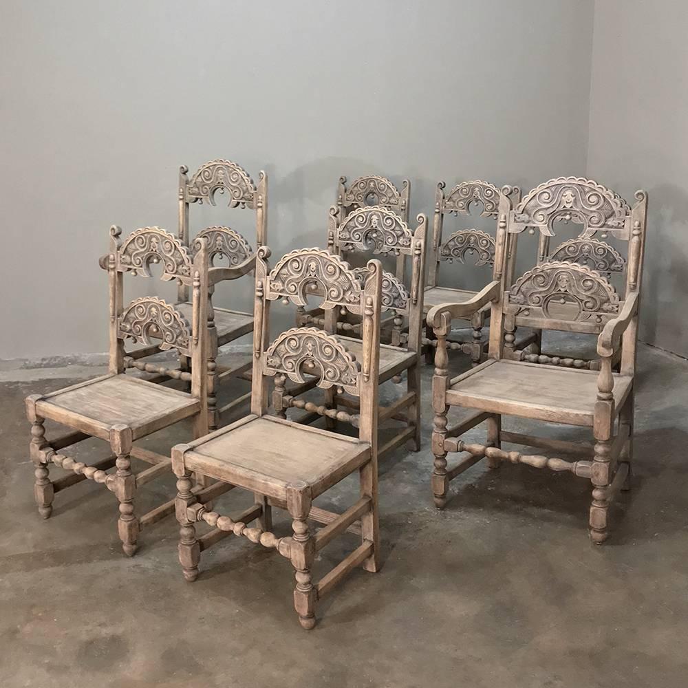 Hand-Crafted Set of Eight English Renaissance Stripped Chairs, with Two Armchairs