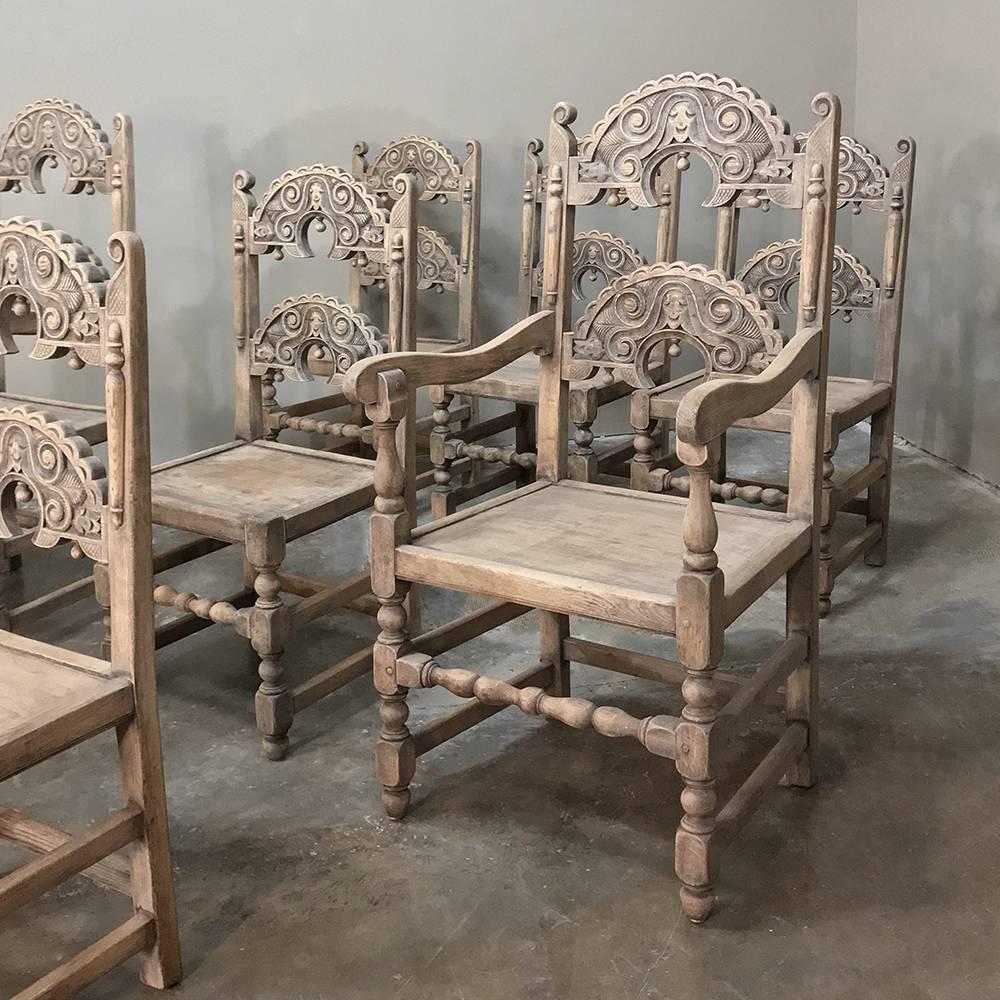 Set of Eight English Renaissance Stripped Chairs, with Two Armchairs In Good Condition In Dallas, TX