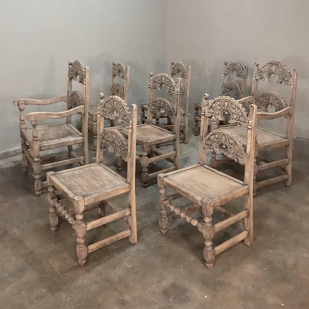 Late 19th Century Set of Eight English Renaissance Stripped Chairs, with Two Armchairs