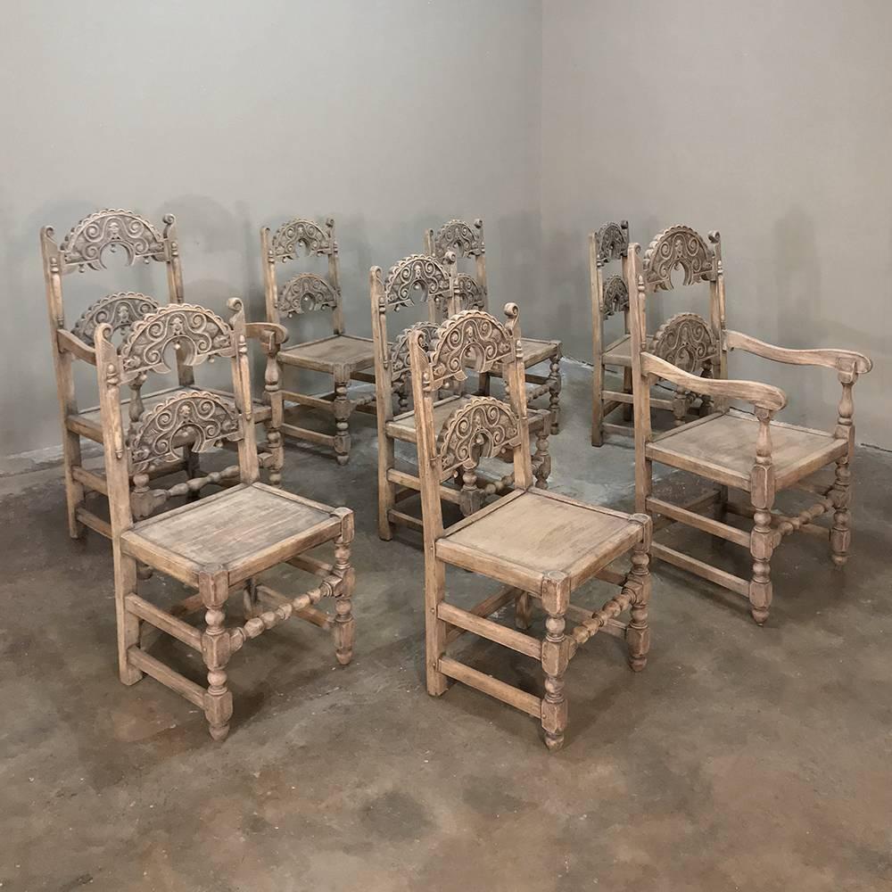 Oak Set of Eight English Renaissance Stripped Chairs, with Two Armchairs