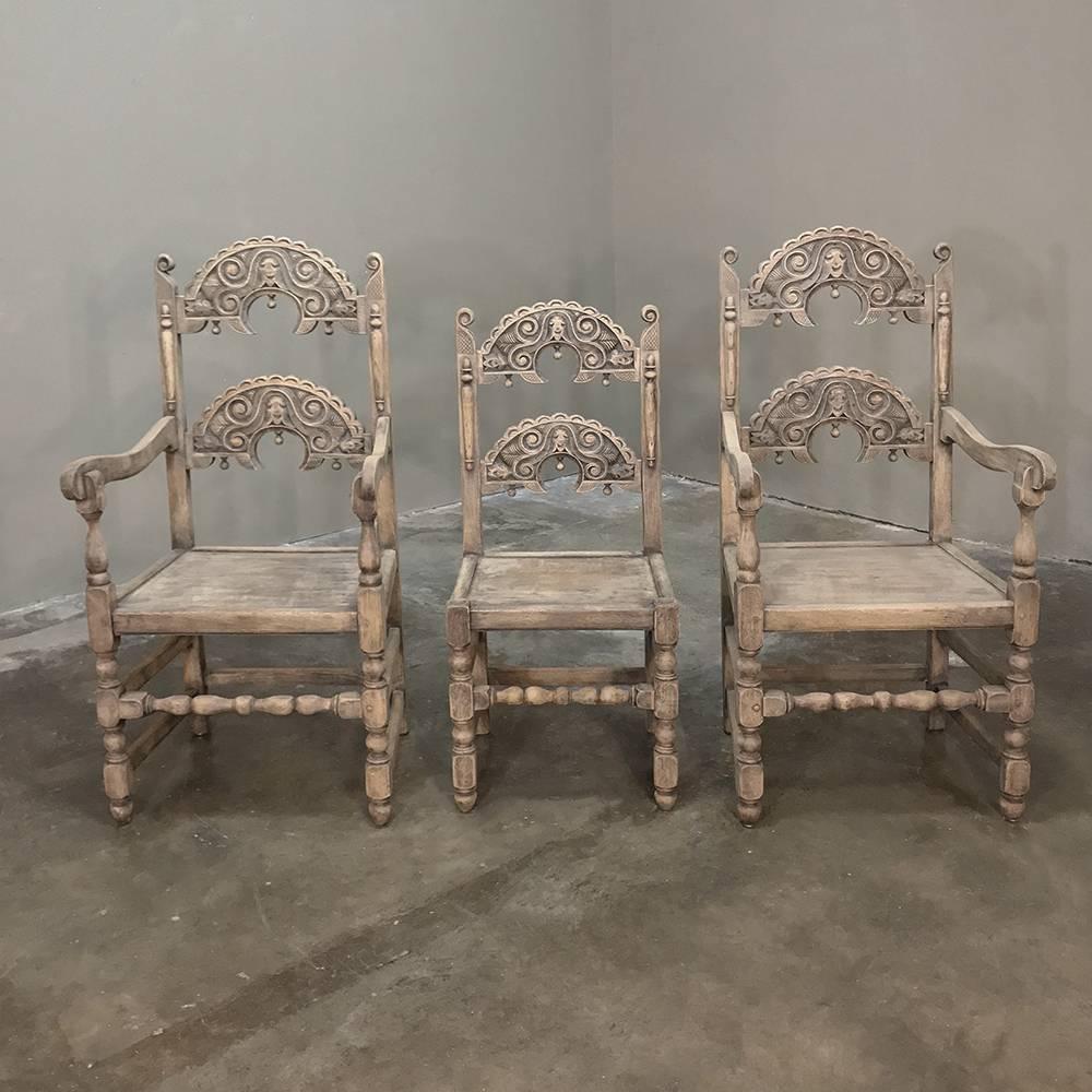 Set of Eight English Renaissance Stripped Chairs, with Two Armchairs 2