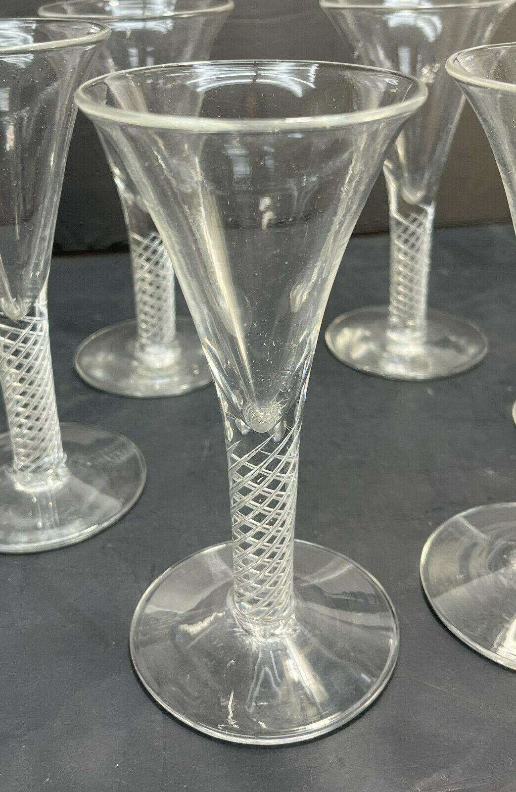 Victorian Set of 8 English Striation Air Twist Stem Wine Goblets, 19th Century or Earlier For Sale