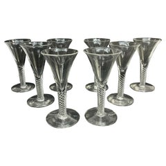 Antique Set of 8 English Striation Air Twist Stem Wine Goblets, 19th Century or Earlier