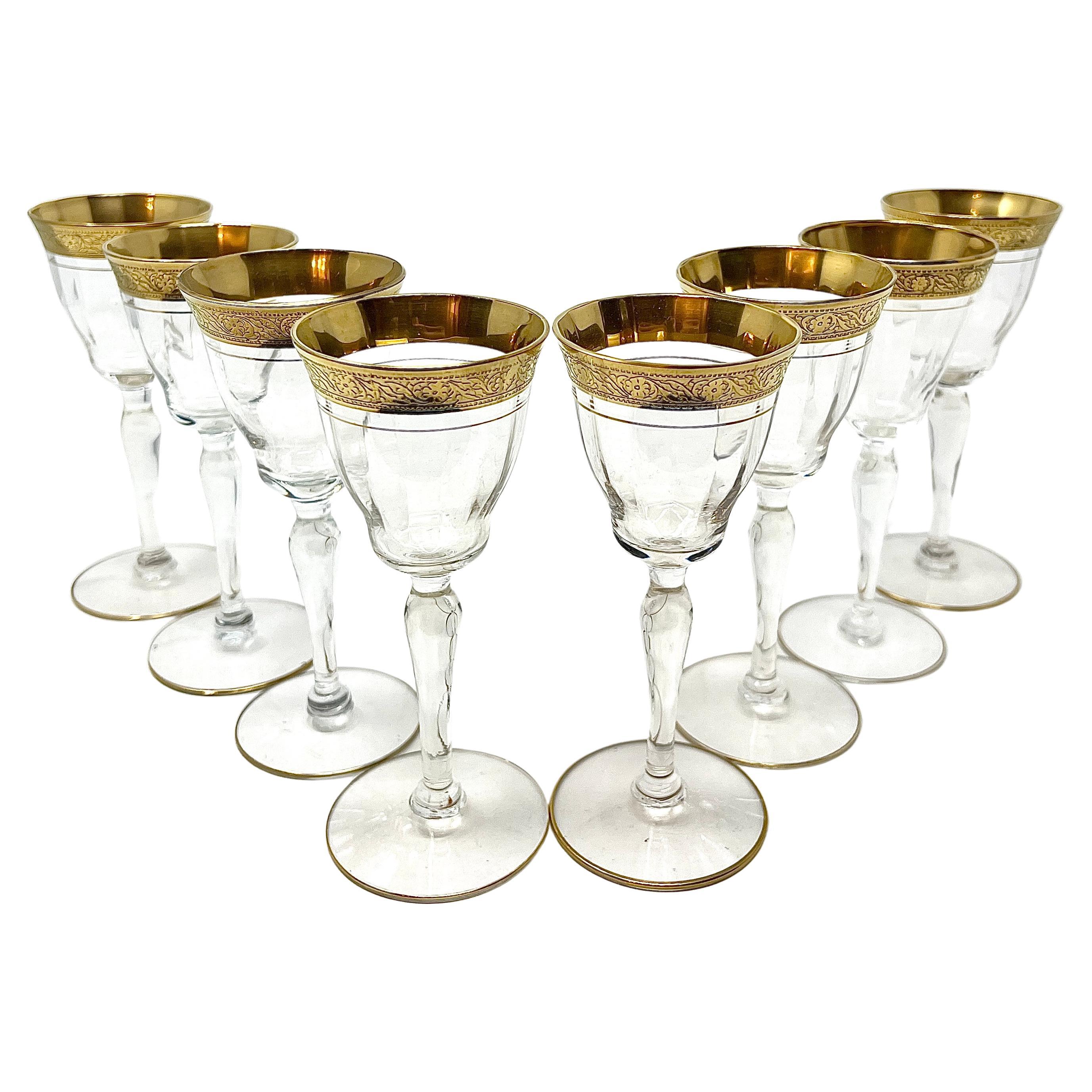 Set of 8 Estate Cut Crystal with Gold Etching Cordial Glasses, Circa 1930-1940. For Sale