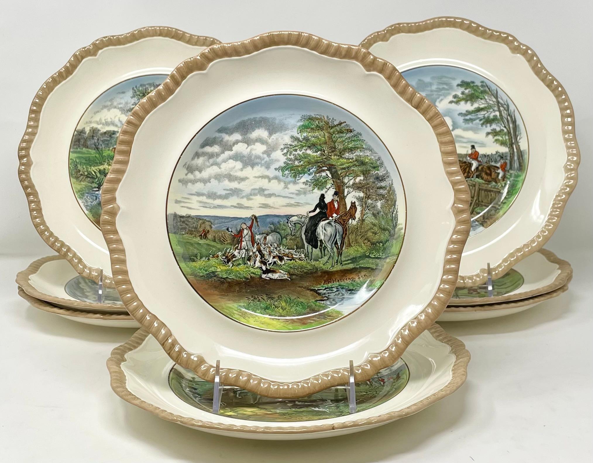 Set of 8 Estate English Copeland Spode Porcelain Fox Hunt Plates After J.F. Herring.
Each painting is different (with its coordinated marking on the back).