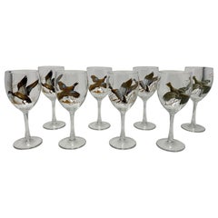 Set of 8 Estate English Enameled "Game Bird" Wine Glasses, Circa 1950's