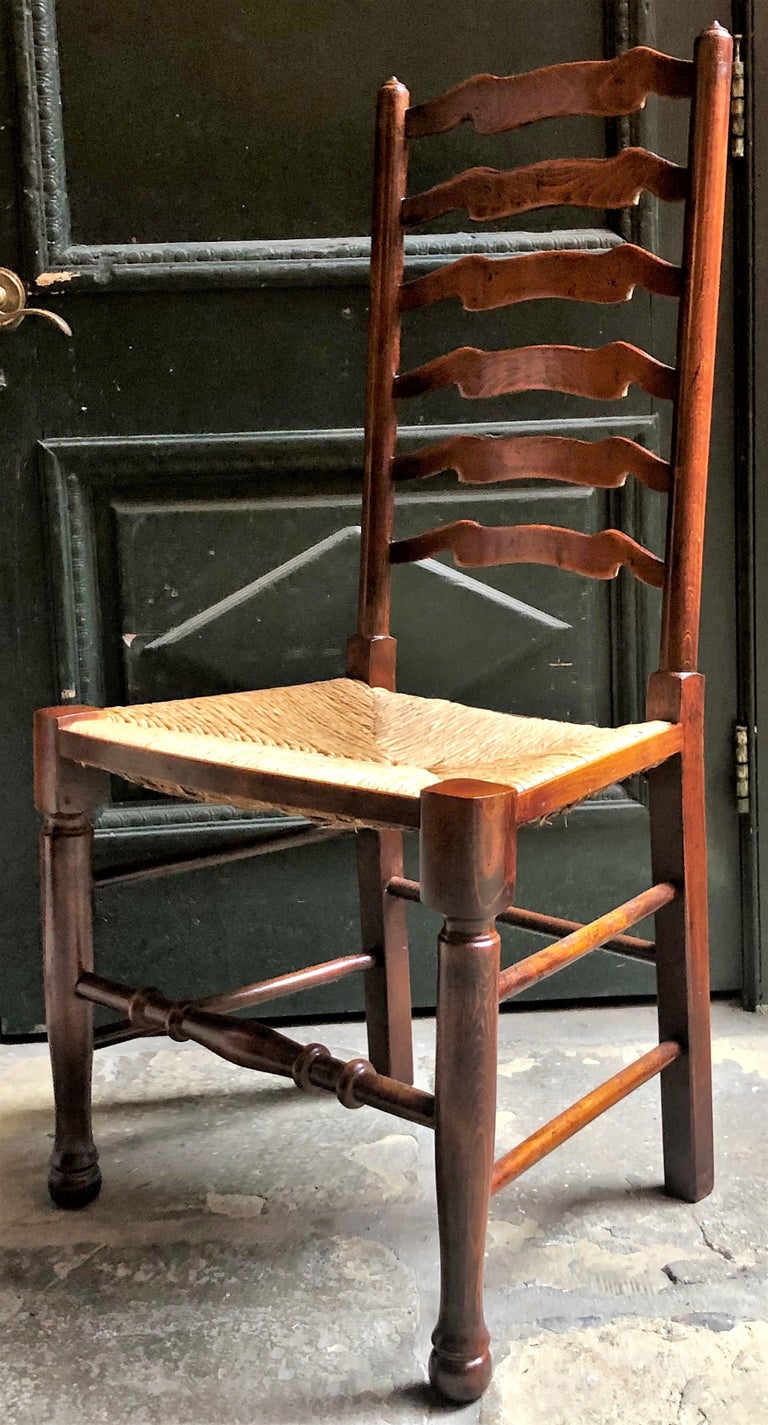 Set of 8 Estate English Ladder Back Chairs with Rush Seats, circa 1940