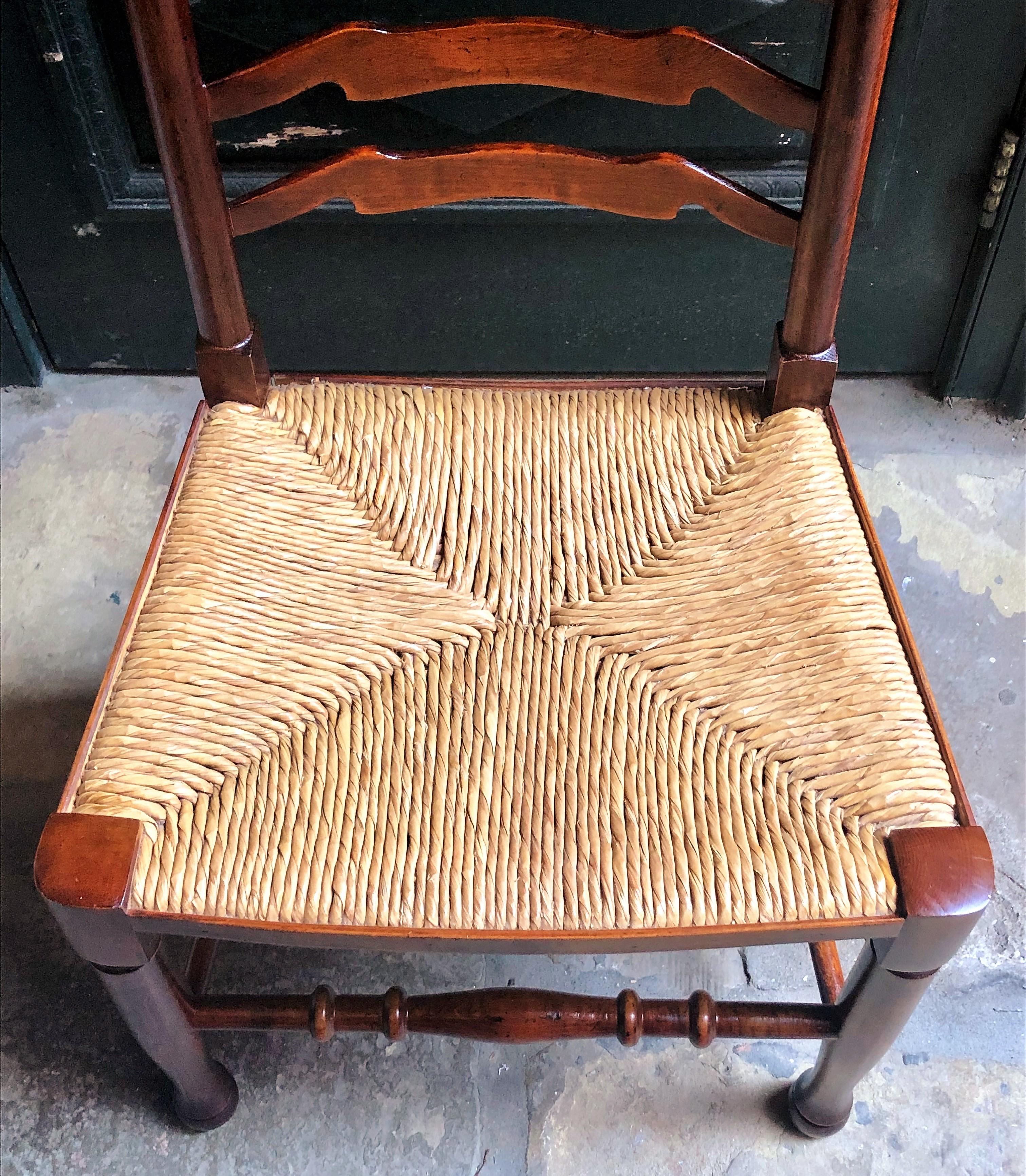 Set of 8 Estate English Ladder Back Chairs with Rush Seats, circa 1940 1