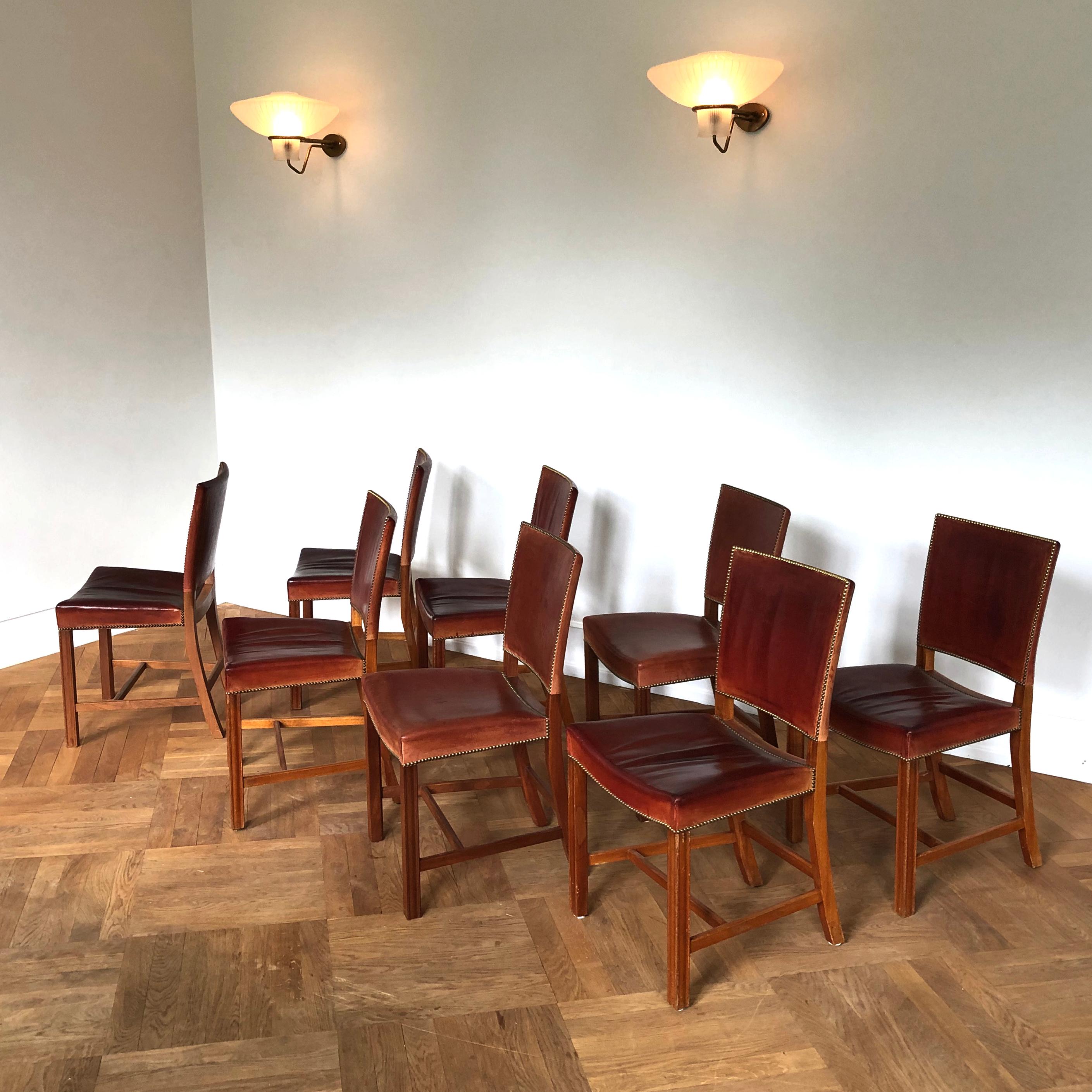 Mid-Century Modern Set of 8 Exceptional Kaare Klint Red Chairs in Original Niger Leather