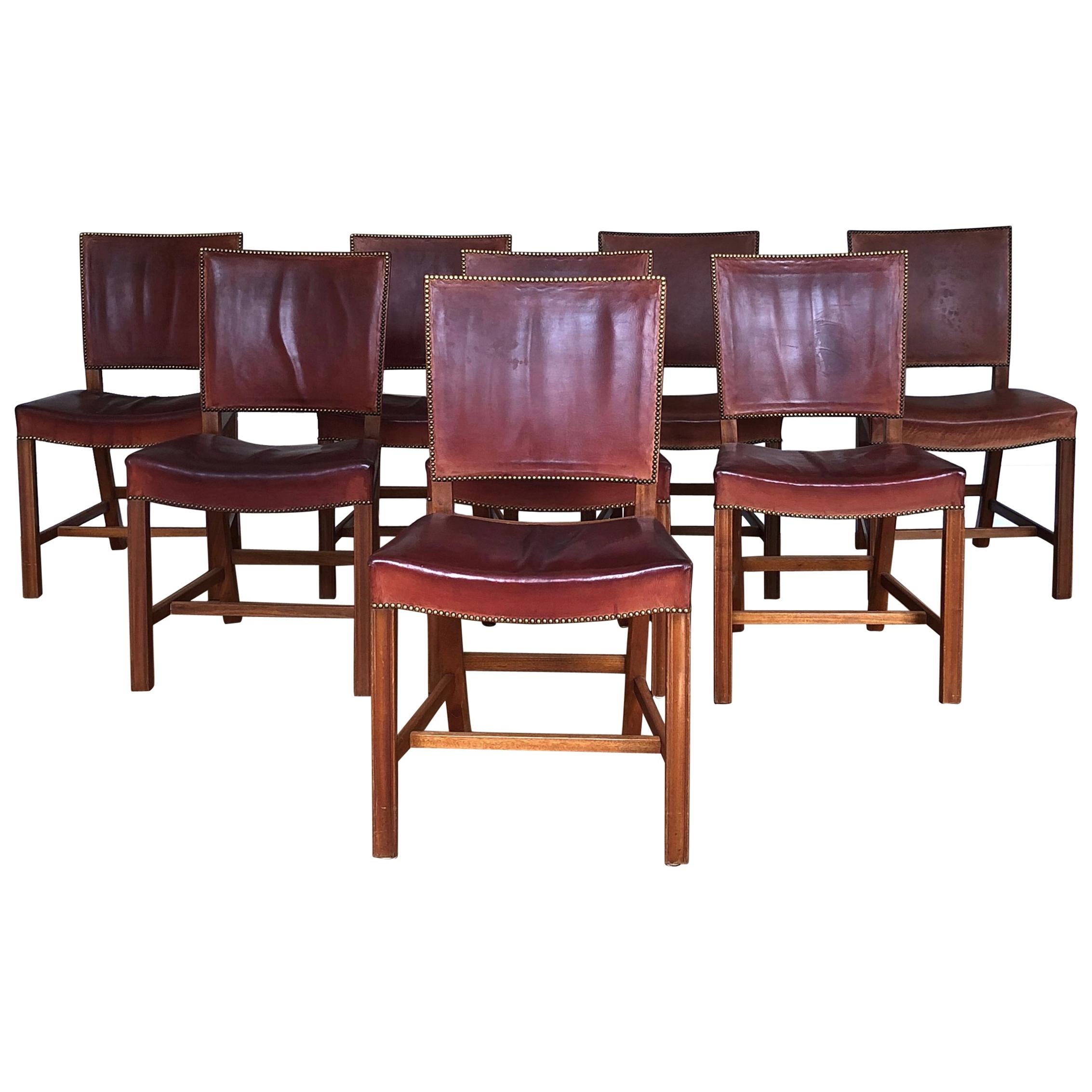 Set of 8 Exceptional Kaare Klint Red Chairs in Original Niger Leather