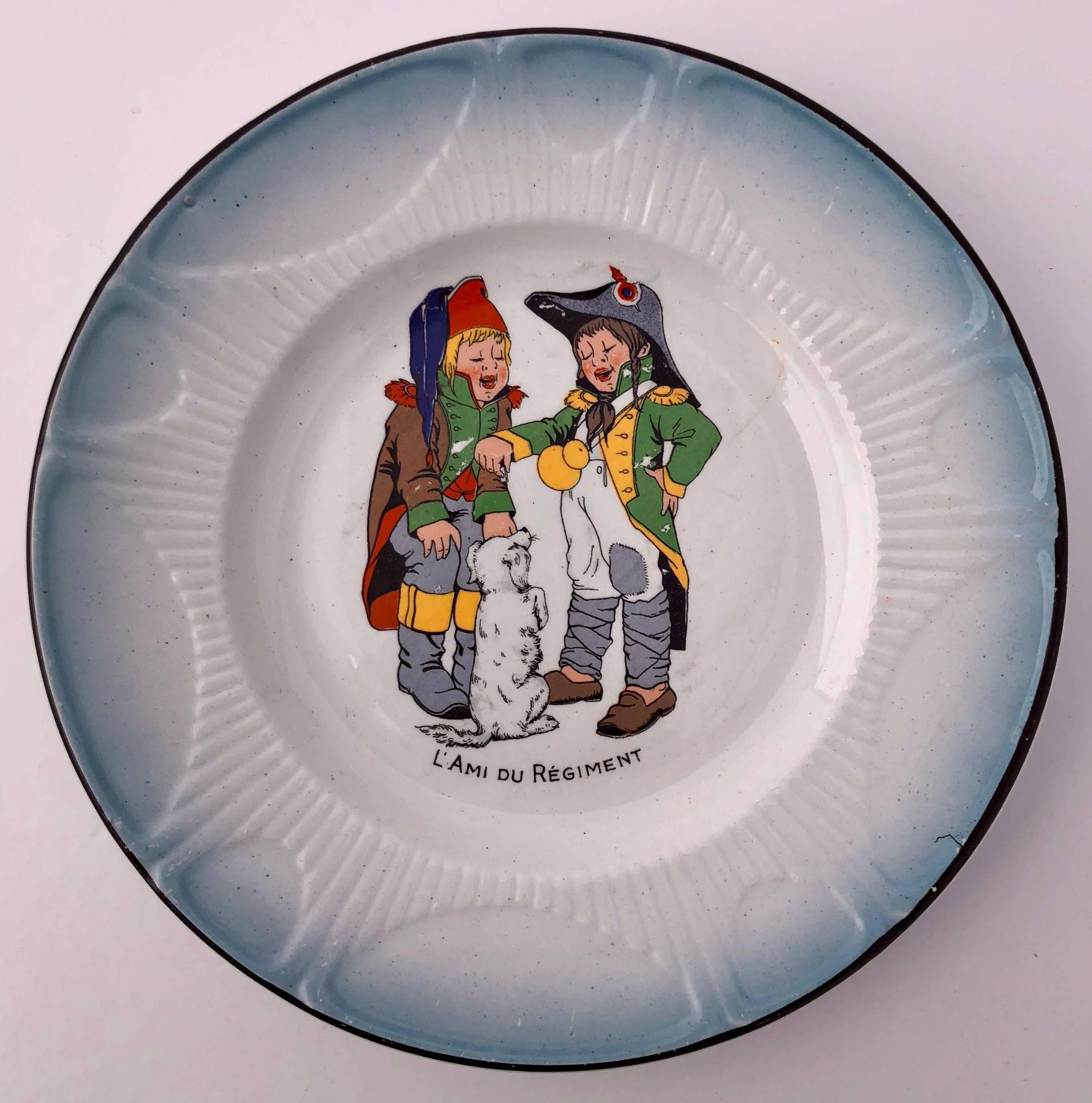 Art Deco Set of Eight Faïence Plates, Children Dressed in Napoleon Army Costumes For Sale