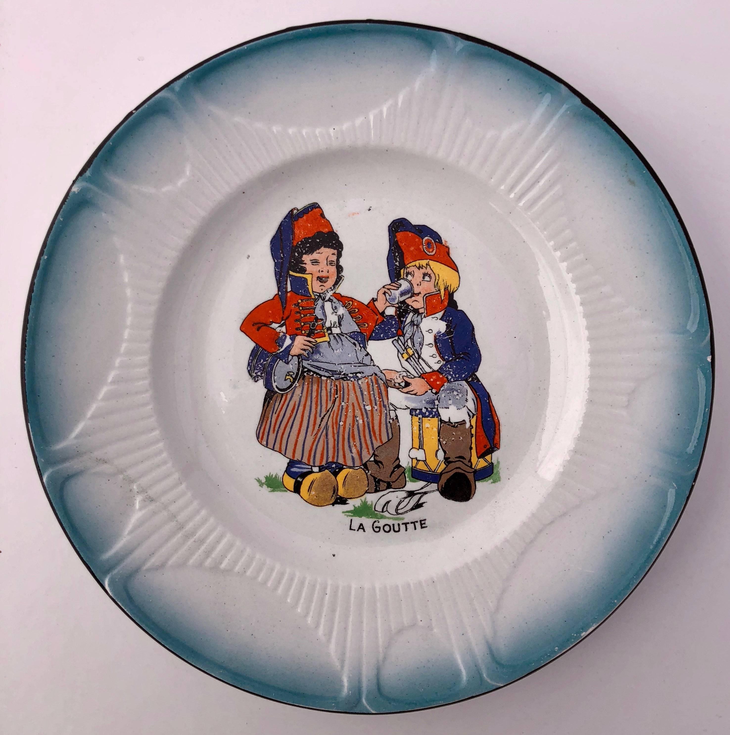 French Set of Eight Faïence Plates, Children Dressed in Napoleon Army Costumes For Sale