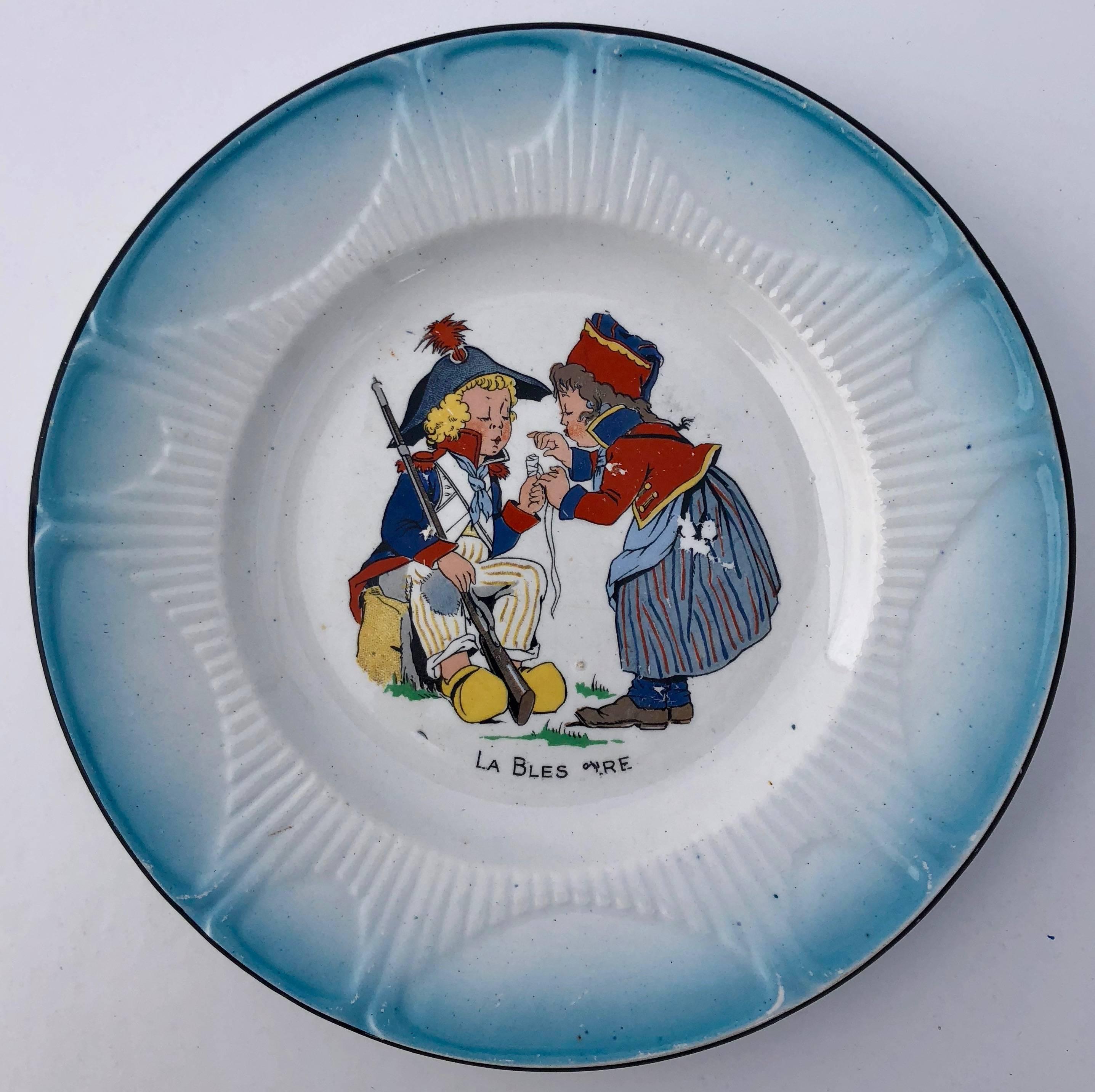 Set of Eight Faïence Plates, Children Dressed in Napoleon Army Costumes In Fair Condition For Sale In Petaluma, CA