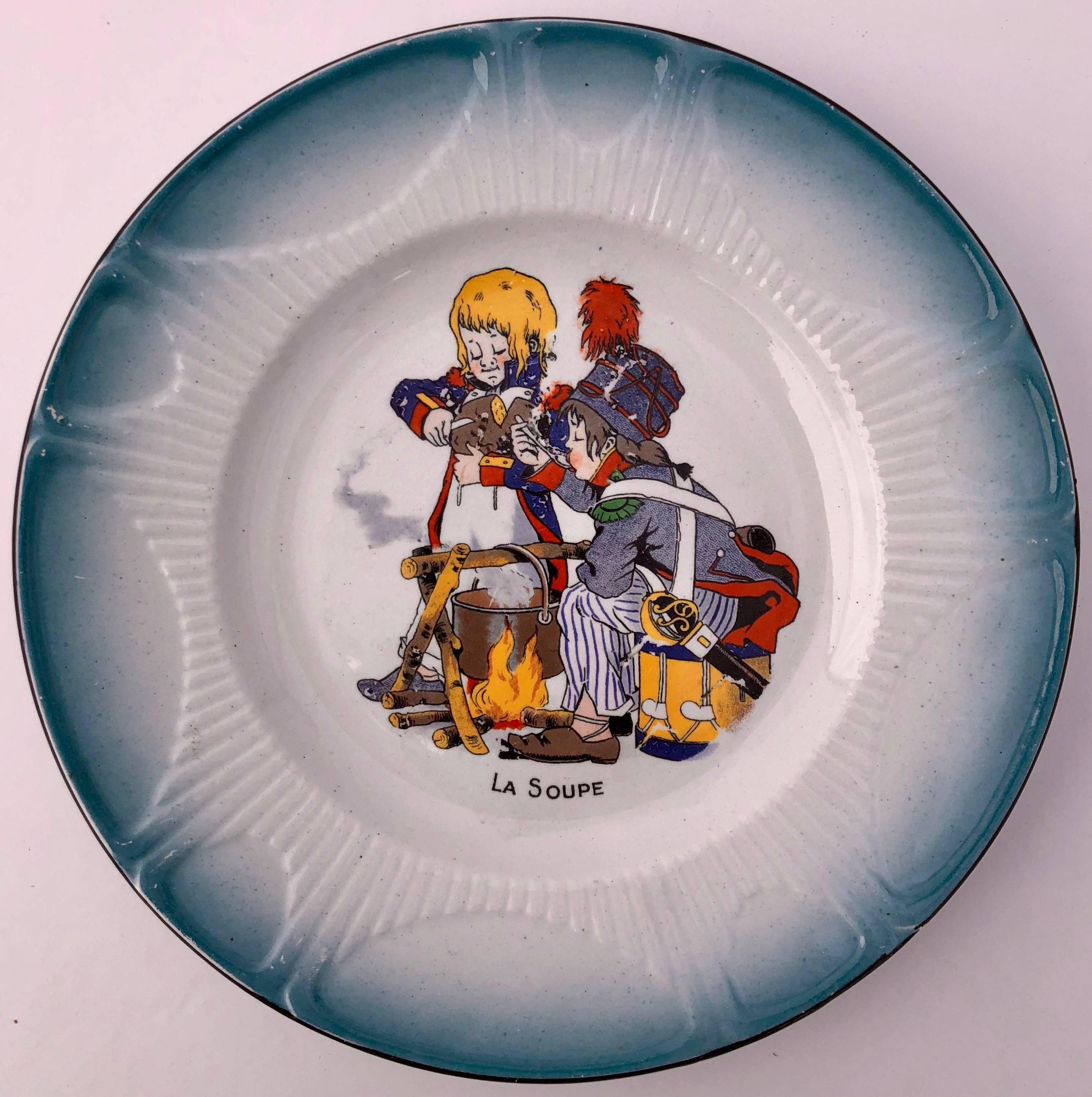 20th Century Set of Eight Faïence Plates, Children Dressed in Napoleon Army Costumes For Sale