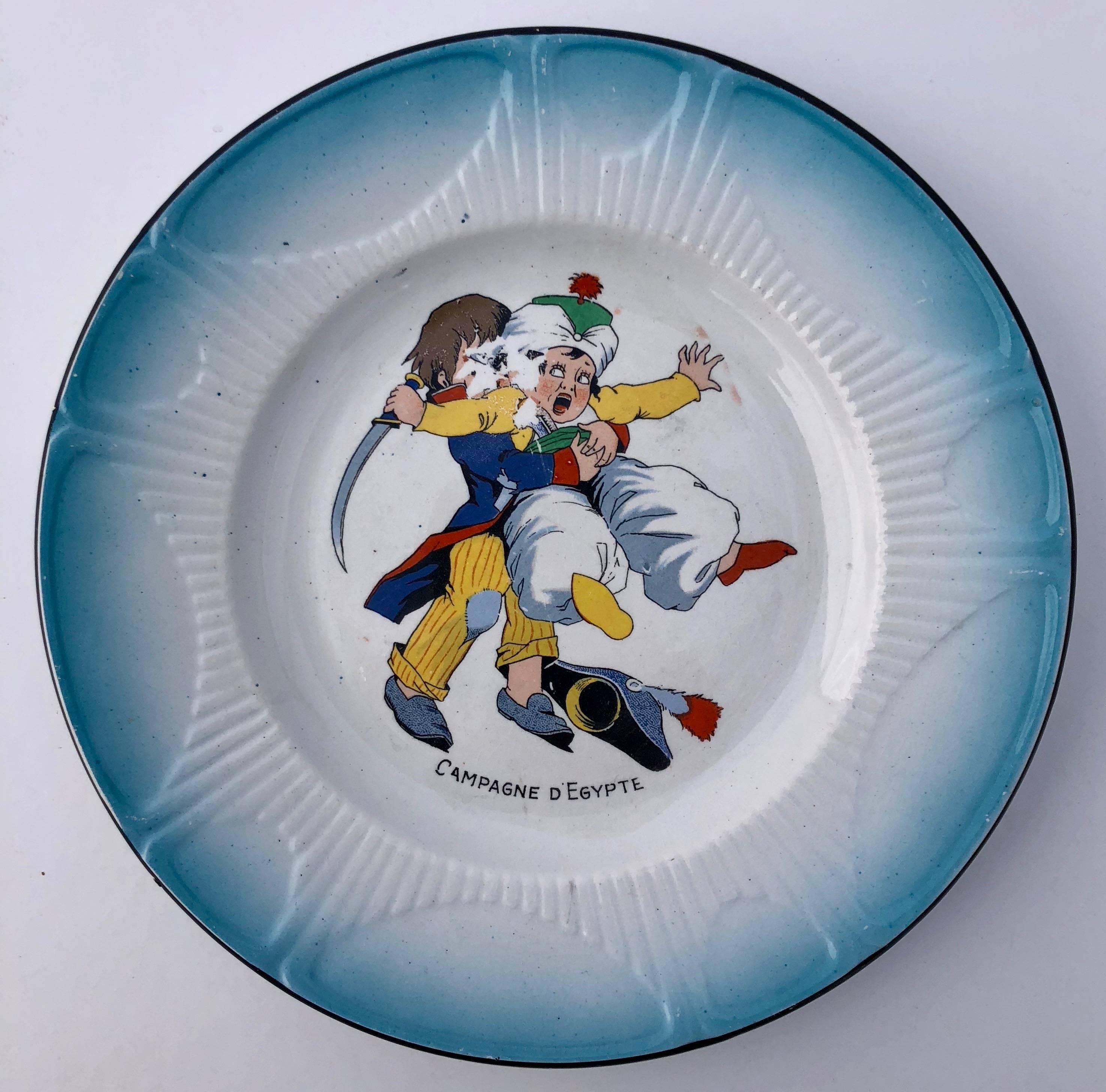 Faience Set of Eight Faïence Plates, Children Dressed in Napoleon Army Costumes For Sale
