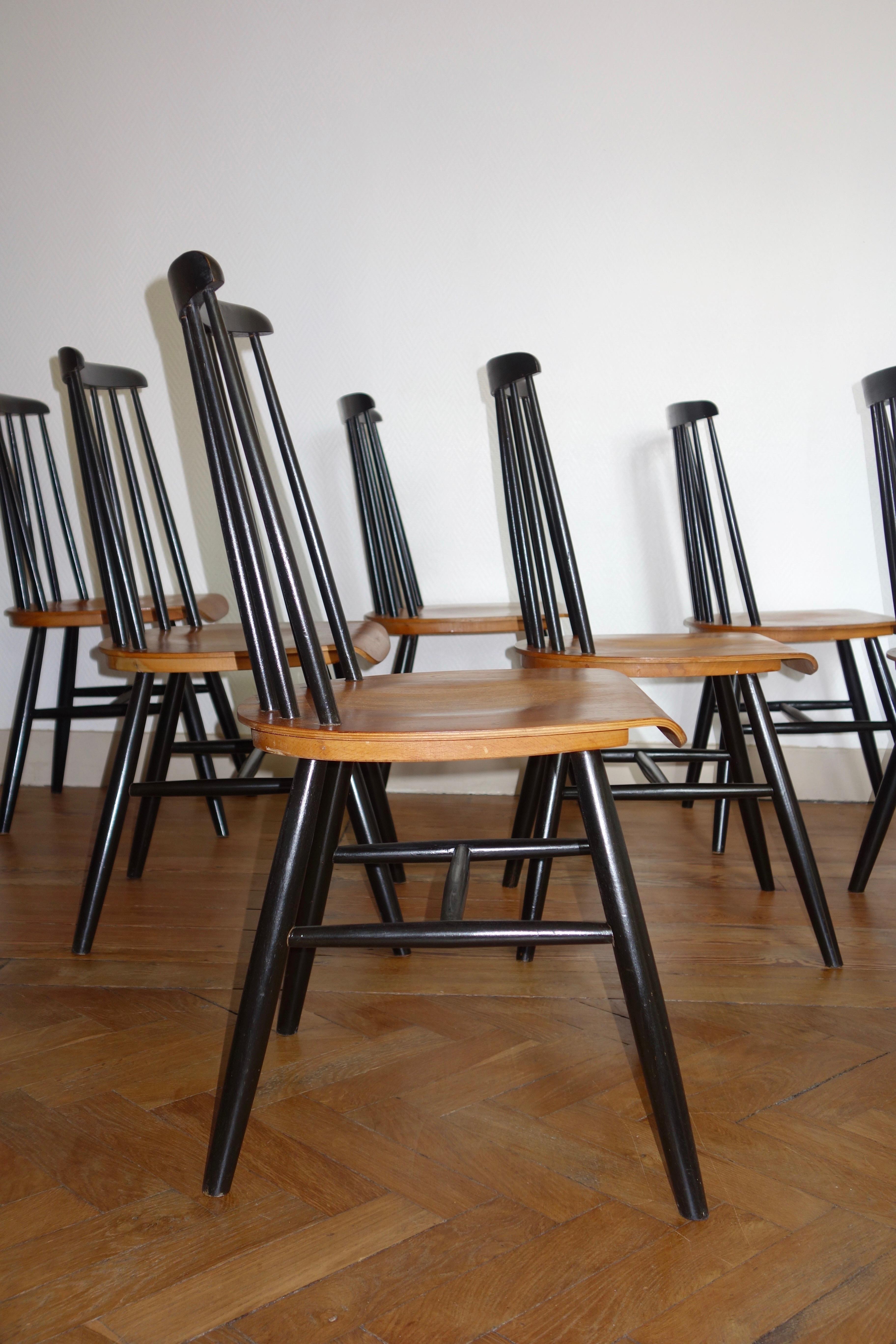 Blackened Set of 8 Fanett Chairs Ilmari Tapiovaara for Edsby Verken, 1950s