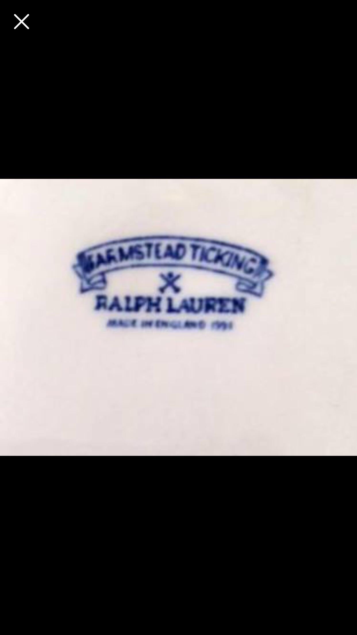 A set of 8 (eight) place settings in the Famrsted Ticking blue and white stripe pattern by Ralph Lauren Home collection. China. Signed. Imported, production period early 1990s.

Features a blue and white ticking-inspired striped border on white.