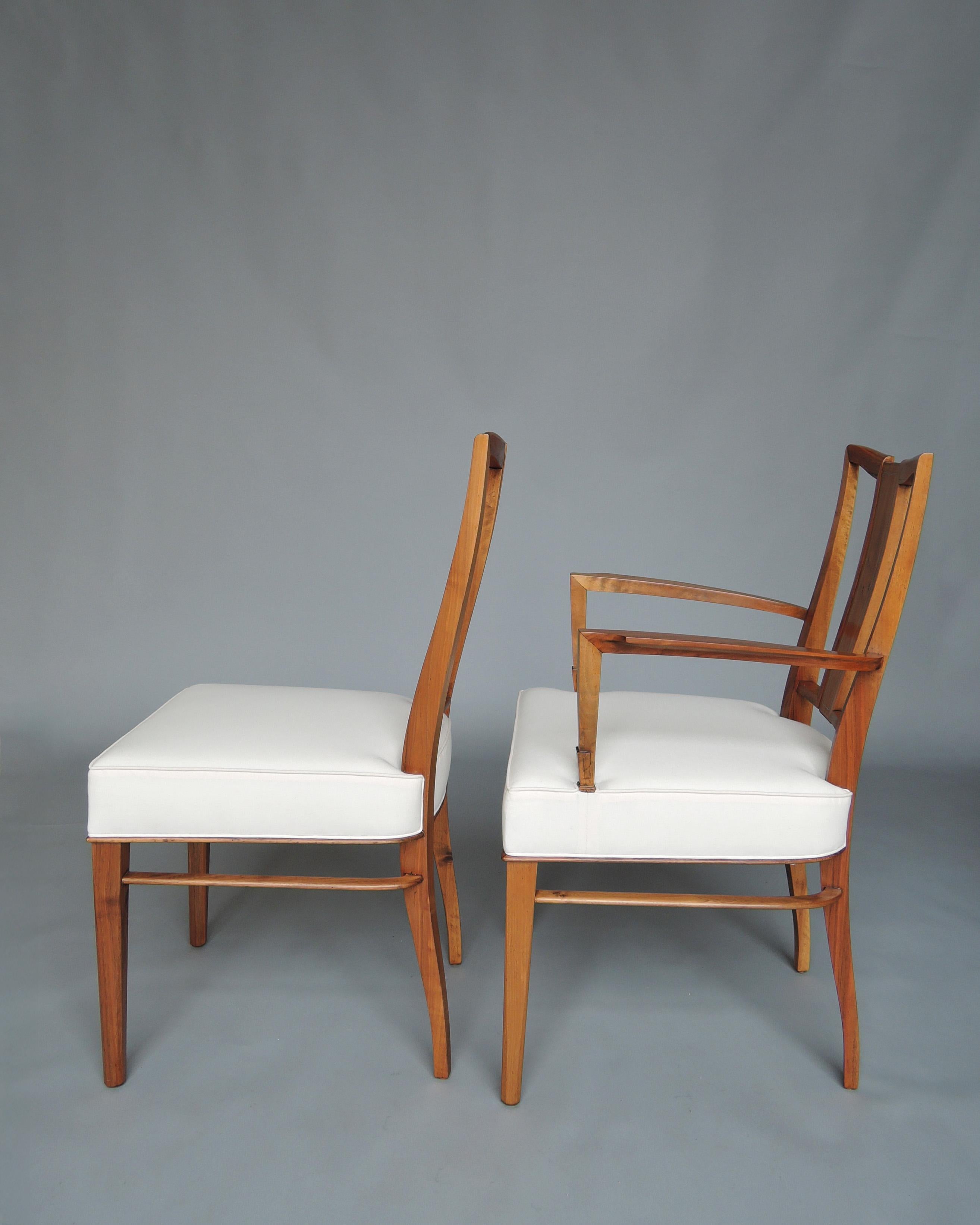8 Stühle aus Nussbaumholz von Dominique im französischen Art Déco-Stil (6 Seiten- und 2 Armlehnenstühle) (Mitte des 20. Jahrhunderts) im Angebot