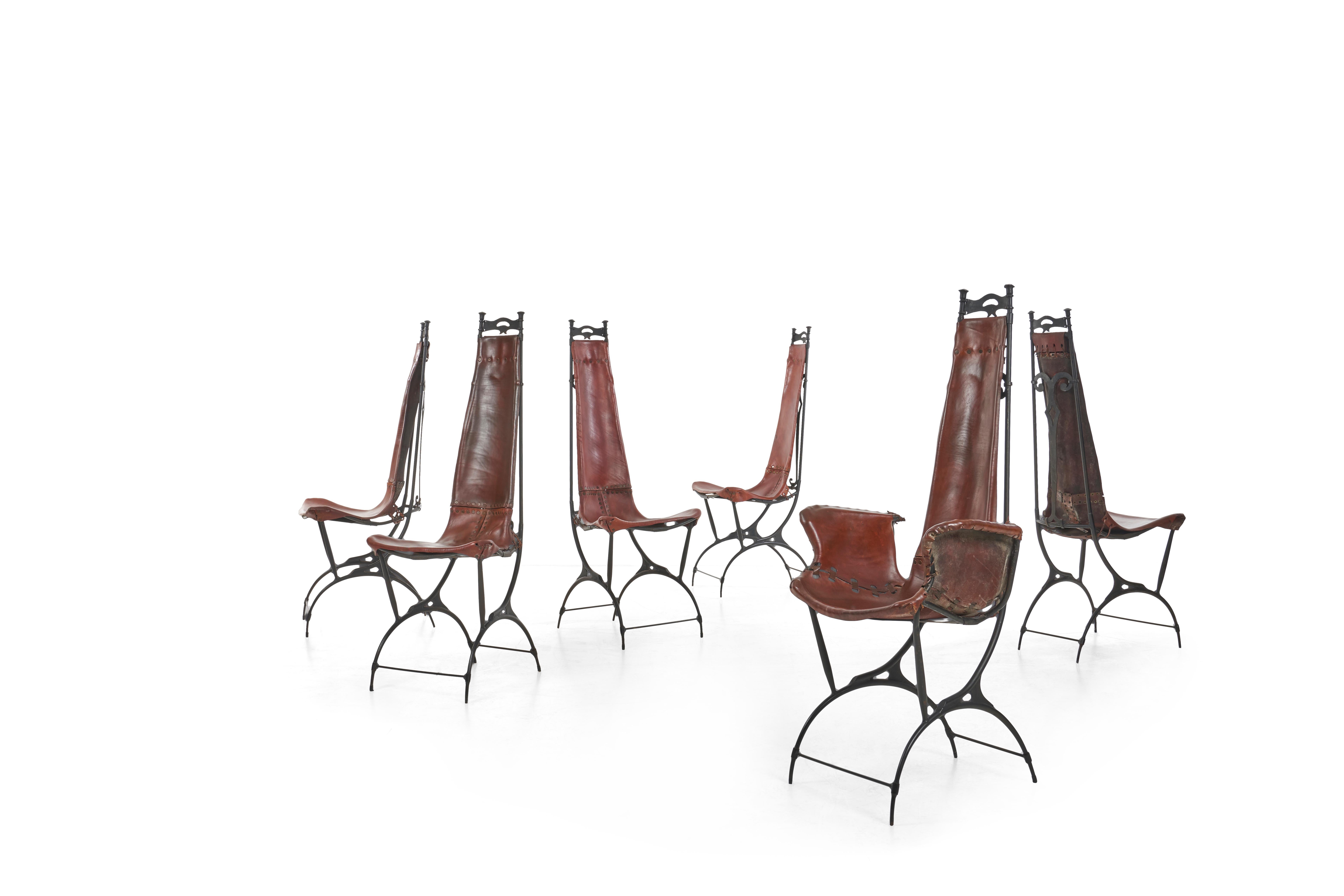 Sido and François Thevenin dining chairs, 6 side chairs and 2 armchairs,
Hand forged steel cut and welded, cut and seemed leather with brass rivets. Each chair unique and each has hand marked signature on leather.
Measures: Armchair height (2)