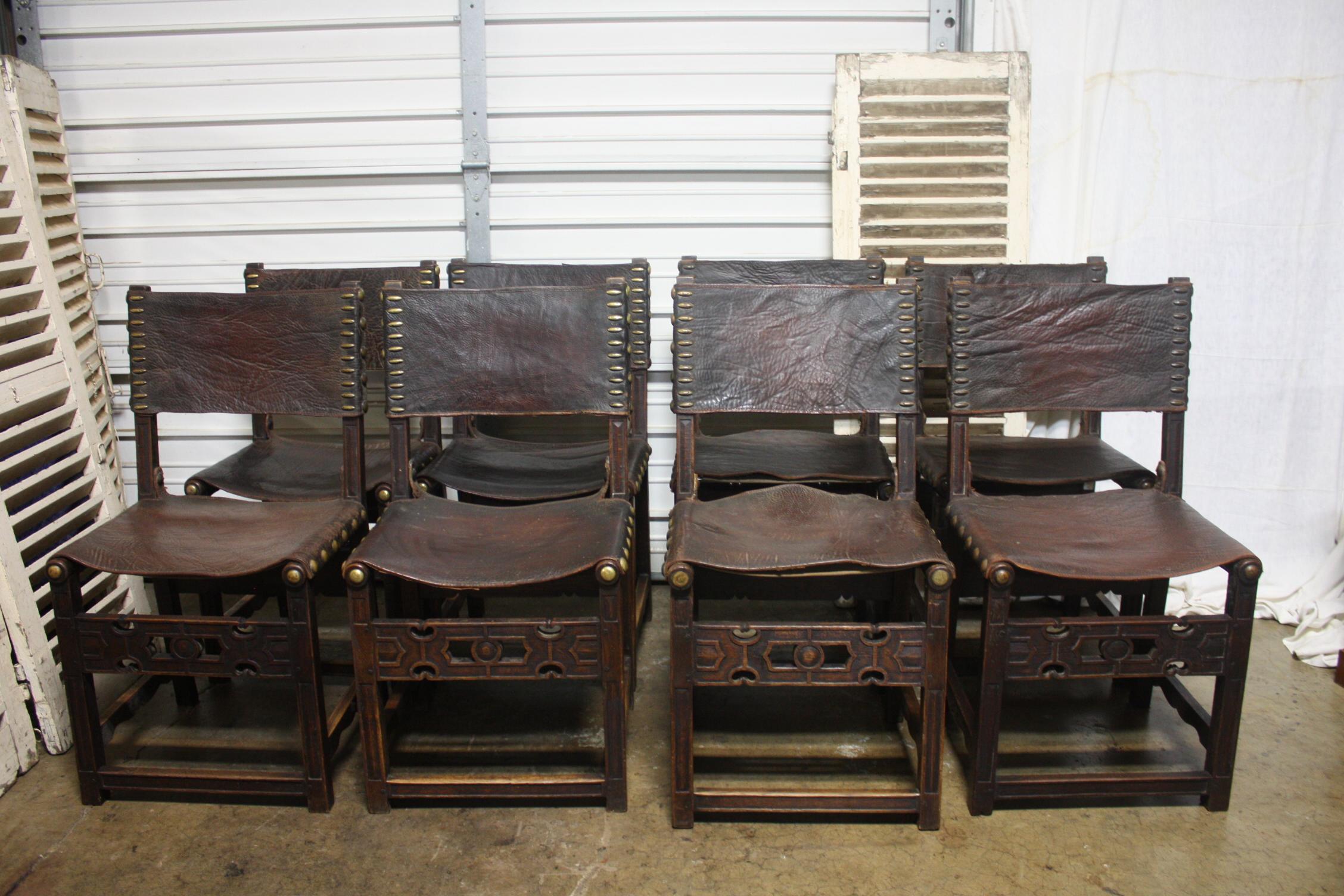 This set of 8 chairs are in amazing good condition for its age. Large size and very strong and thick leather.