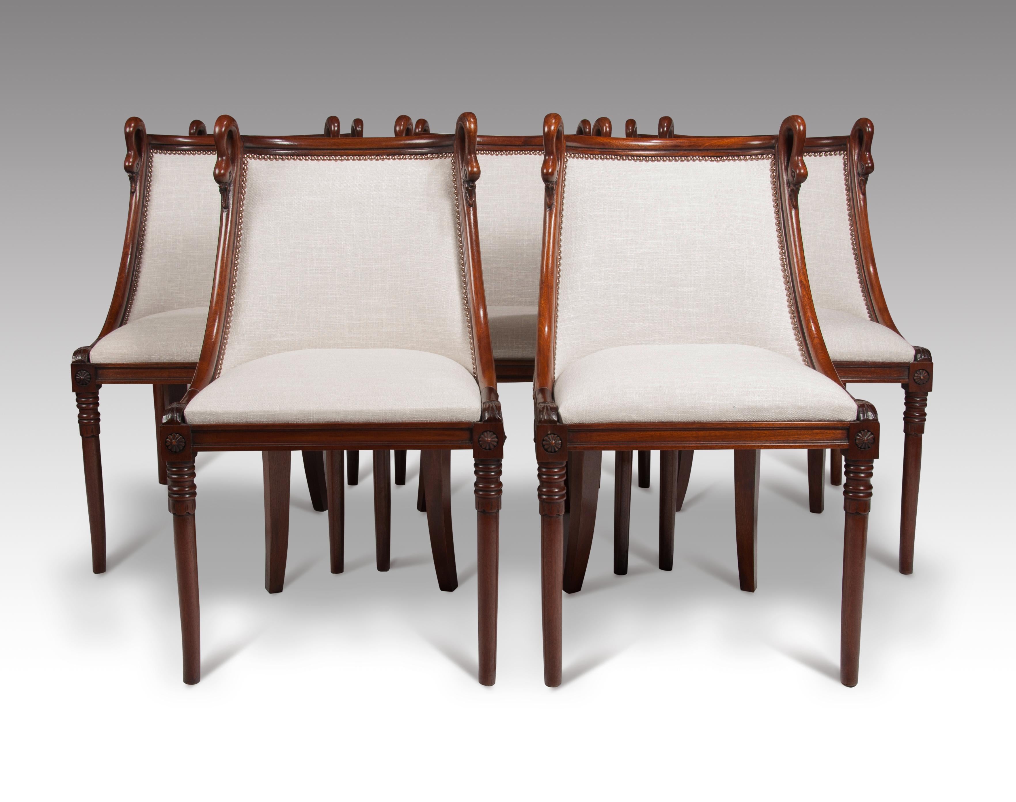 Linen Set of 8 French 19th Century Empire Style Barrel Back Dining Chairs