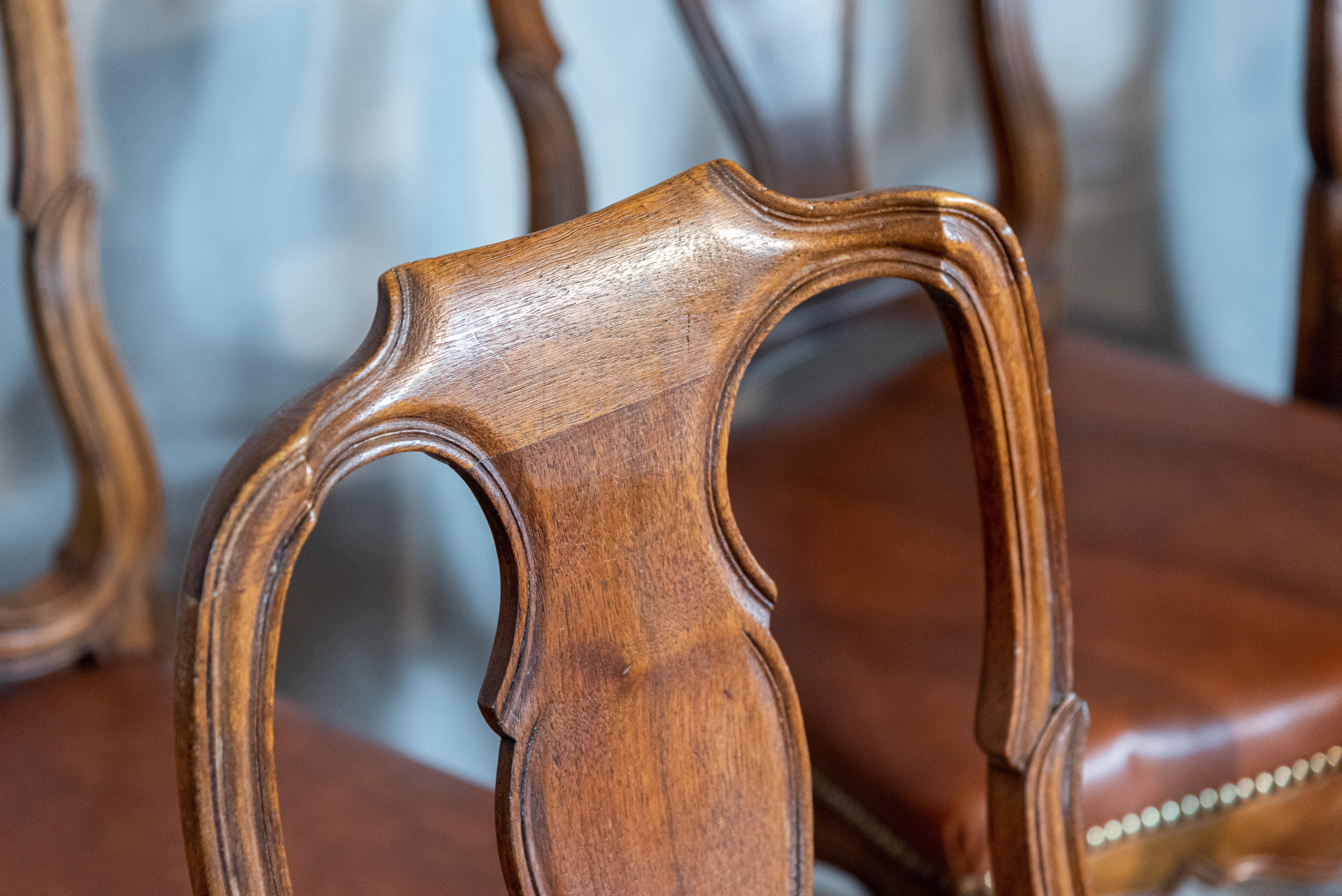 Leather Set of 8 French 19th Century Empire Style Walnut Dining Chairs