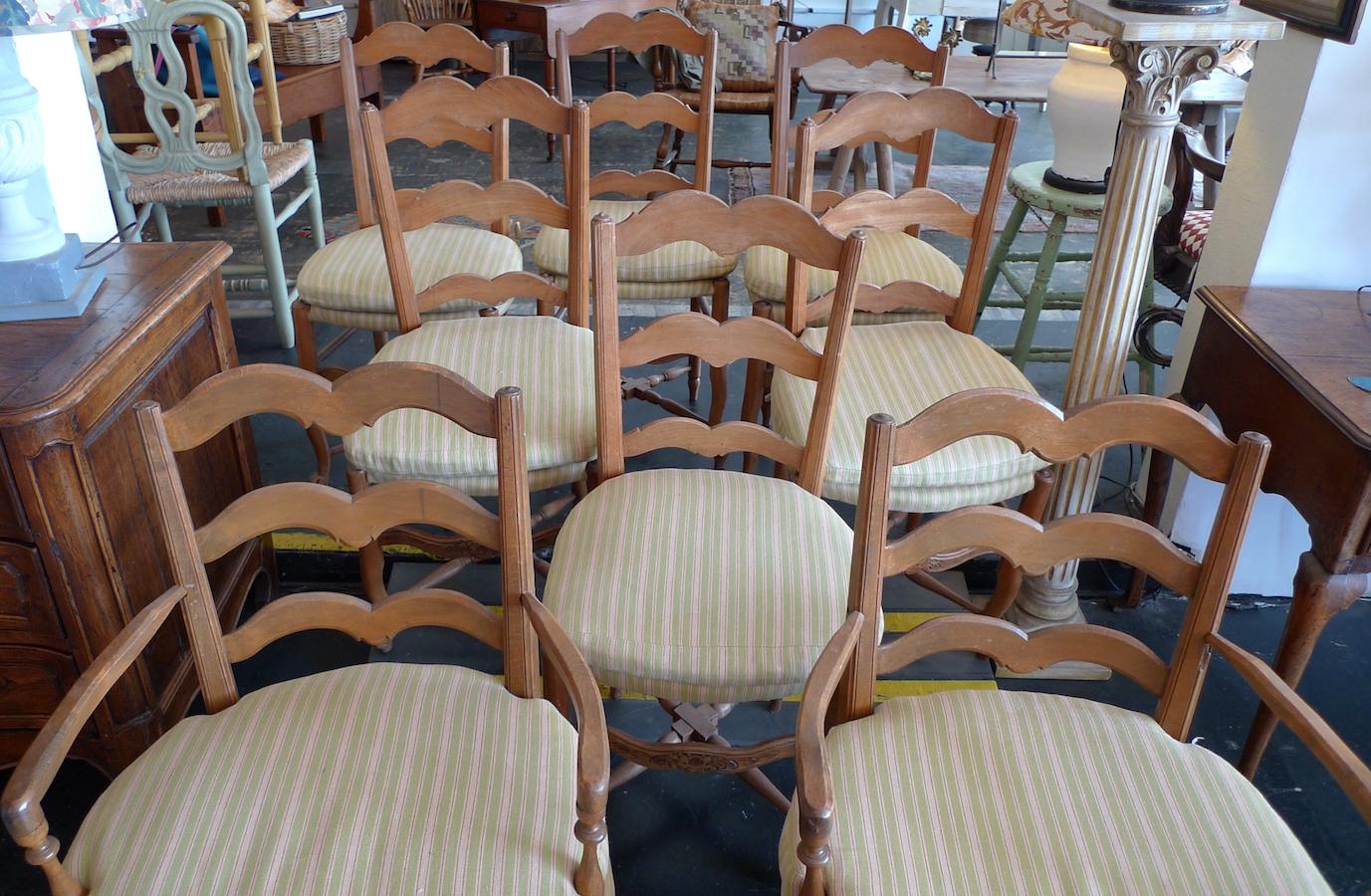 Set of 8 French 19th century ladder-back 2 armchairs and 6 side chairs with cushions to be recovered.