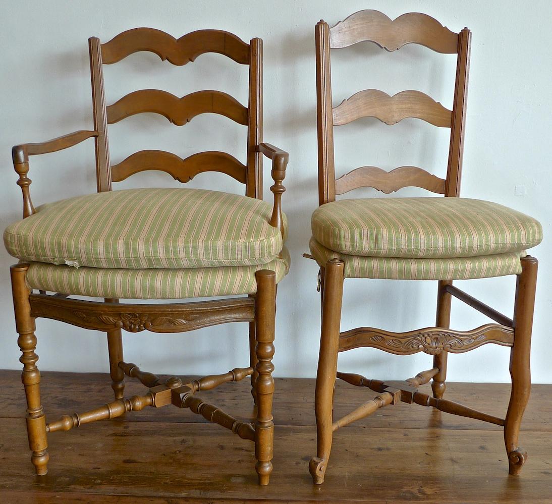 Hand-Crafted Set of 8 French 19th Century Ladder-Back Chairs 2 Armchairs and 6 Side-Chairs