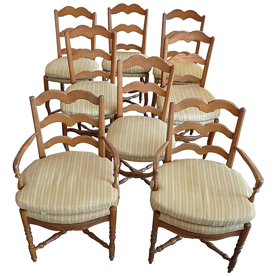 Set of 8 French 19th Century Ladder-Back Chairs 2 Armchairs and 6 Side-Chairs