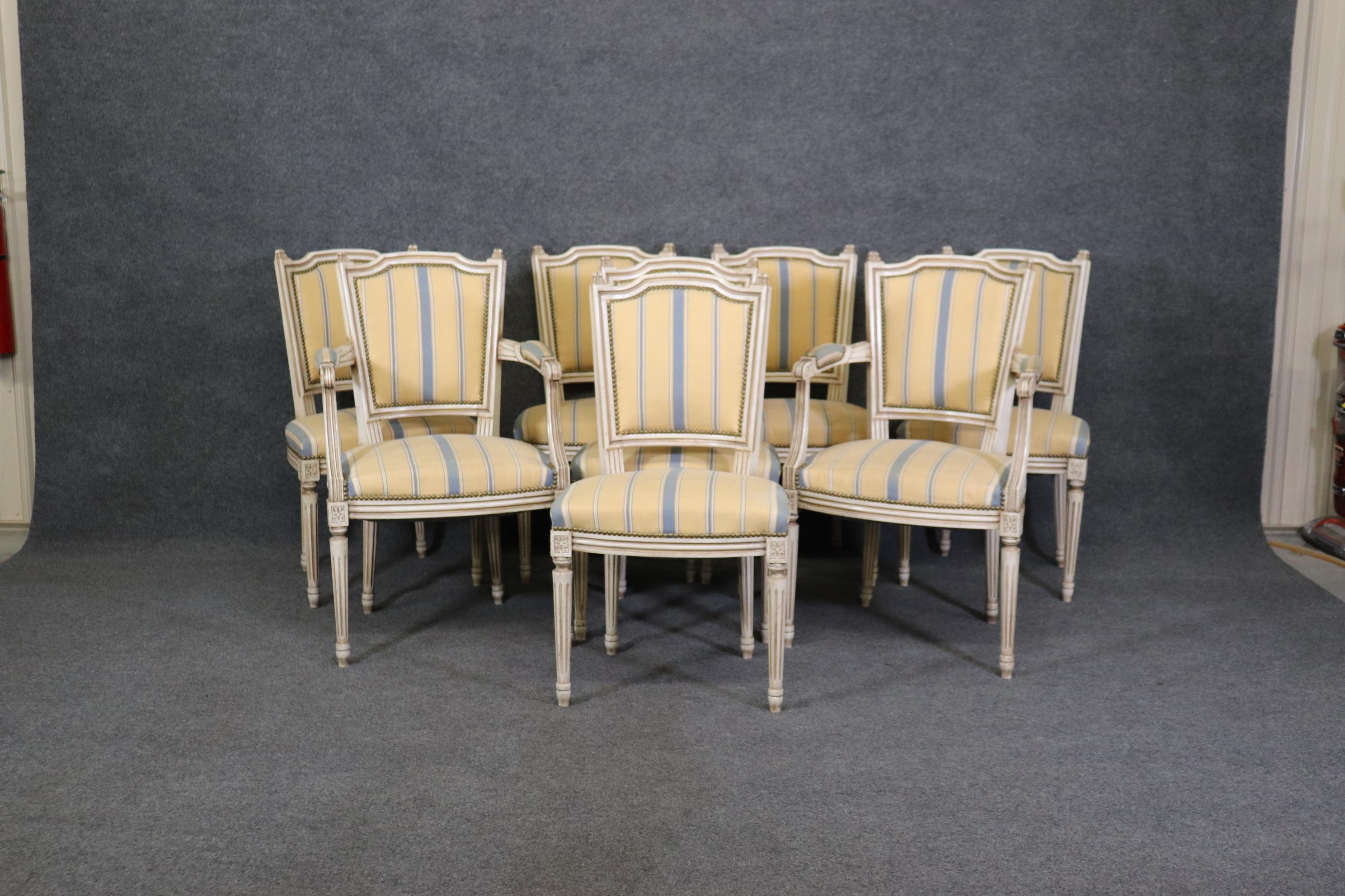 This is a gorgeous set of 8 French-made Louis XVI antique-white painted dining chairs. The chairs are of the highest quality and while not marked, could be Maison Jansen as they didn't mark everything they made. The chairs have beautiful, strong and