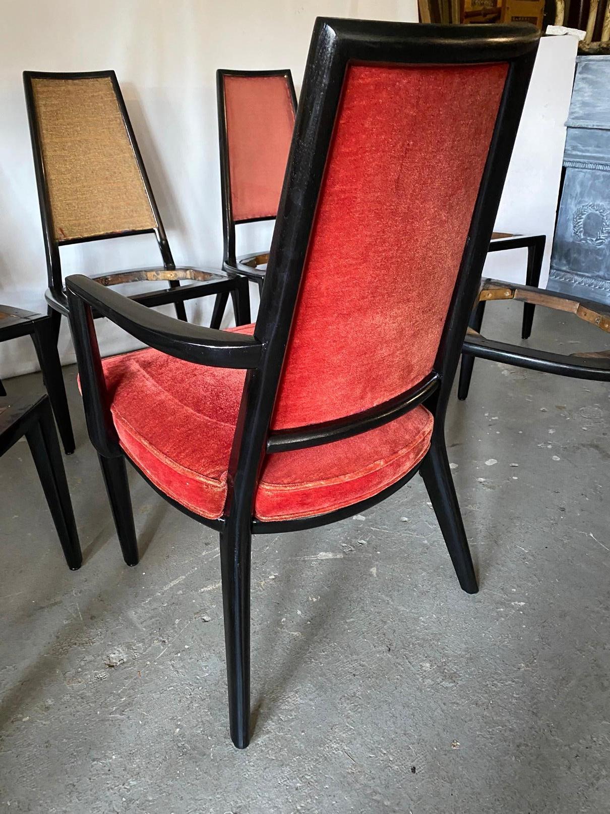 Set of 8 Art Deco high back dining chairs with 2 armchairs and 6 side chairs. These chairs are ready for you to add your own fabric and make them fabulous. Chair frames are in excellent solid condition. Lovingly restored to its original glory.