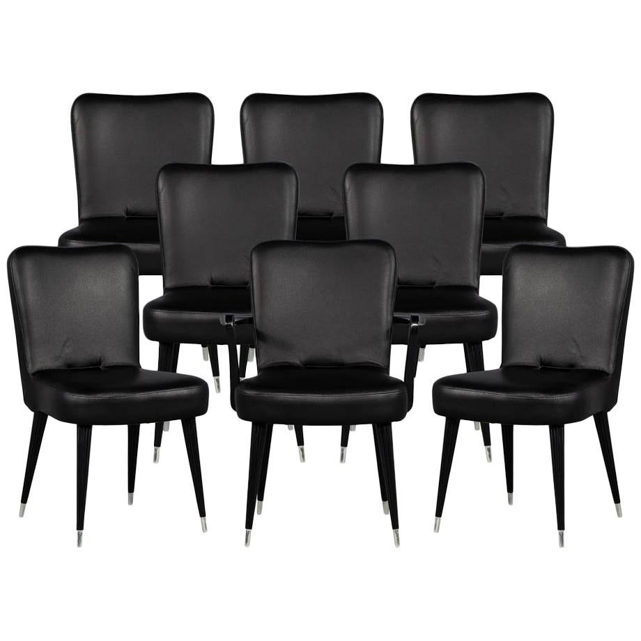 Set of 8 French Art Deco Dining Chairs in Black Leather