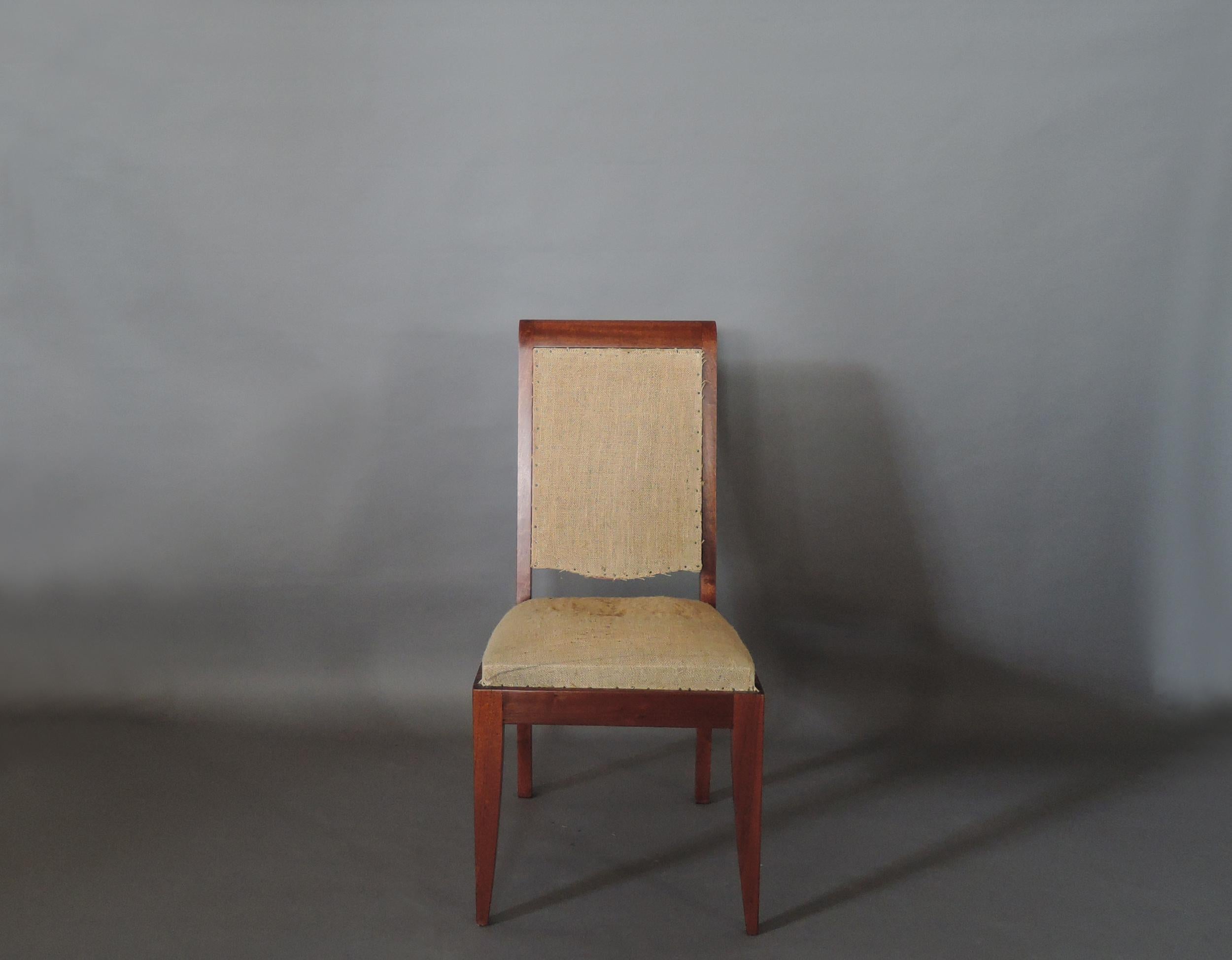 A set of eight 1930s solid mahogany dining chairs by Gaston Poisson.

The chairs have been fully refinished and are ready for re-upholstering (not included in price).