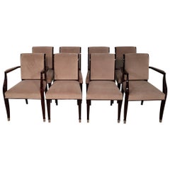 Set of 8 French Art Deco Palisander Dining Chairs Upholstered with Plush Fabric