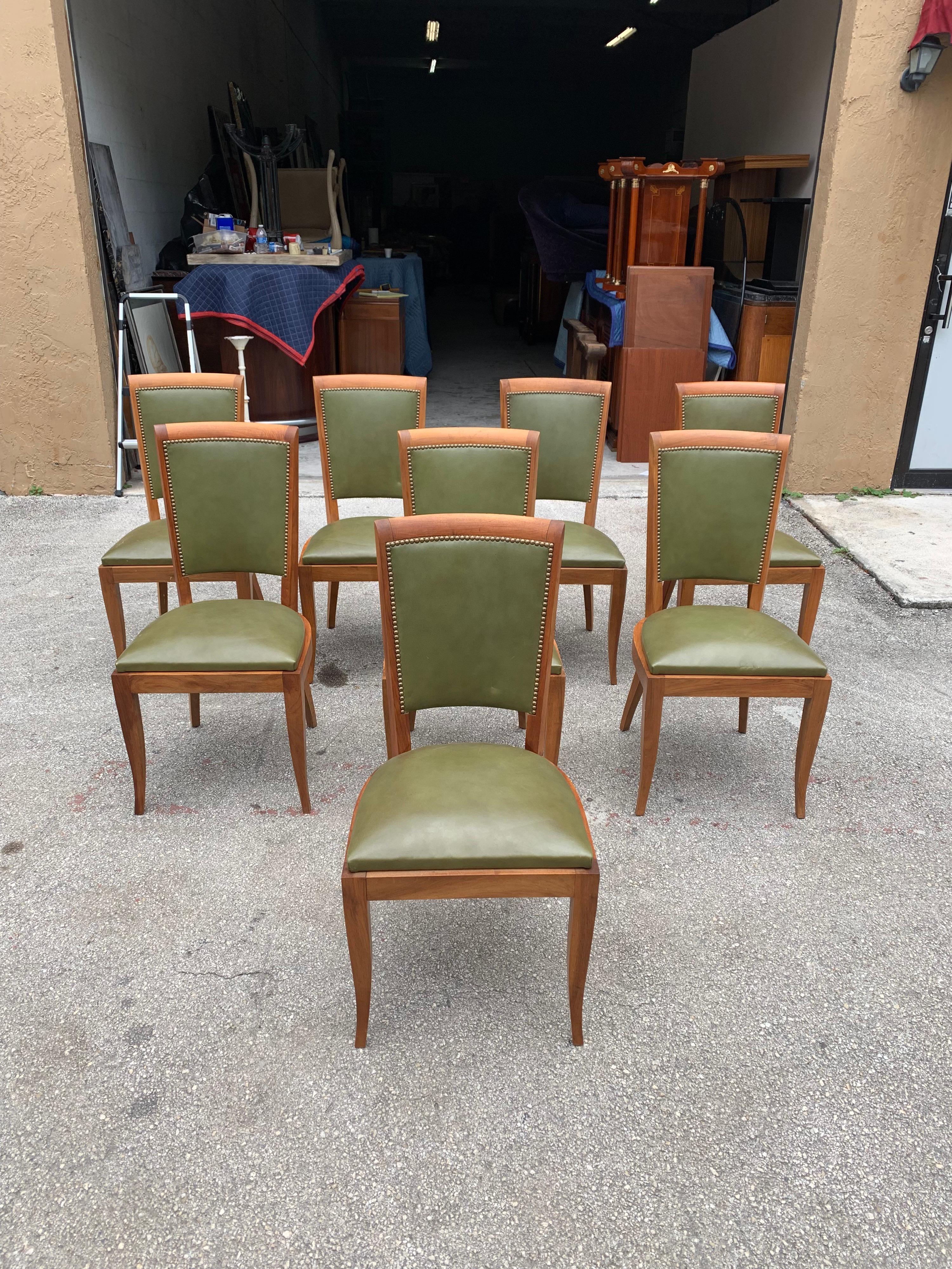 Leather Set of 8 French Art Deco Solid Mahogany Dining Chairs, 1940s For Sale