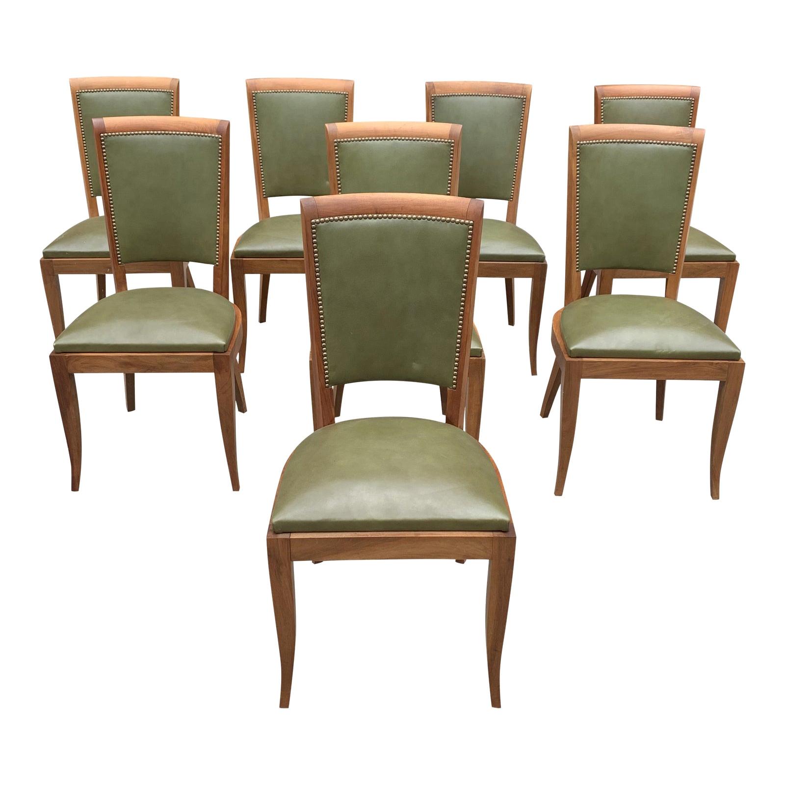 Set of 8 French Art Deco Solid Mahogany Dining Chairs, 1940s For Sale
