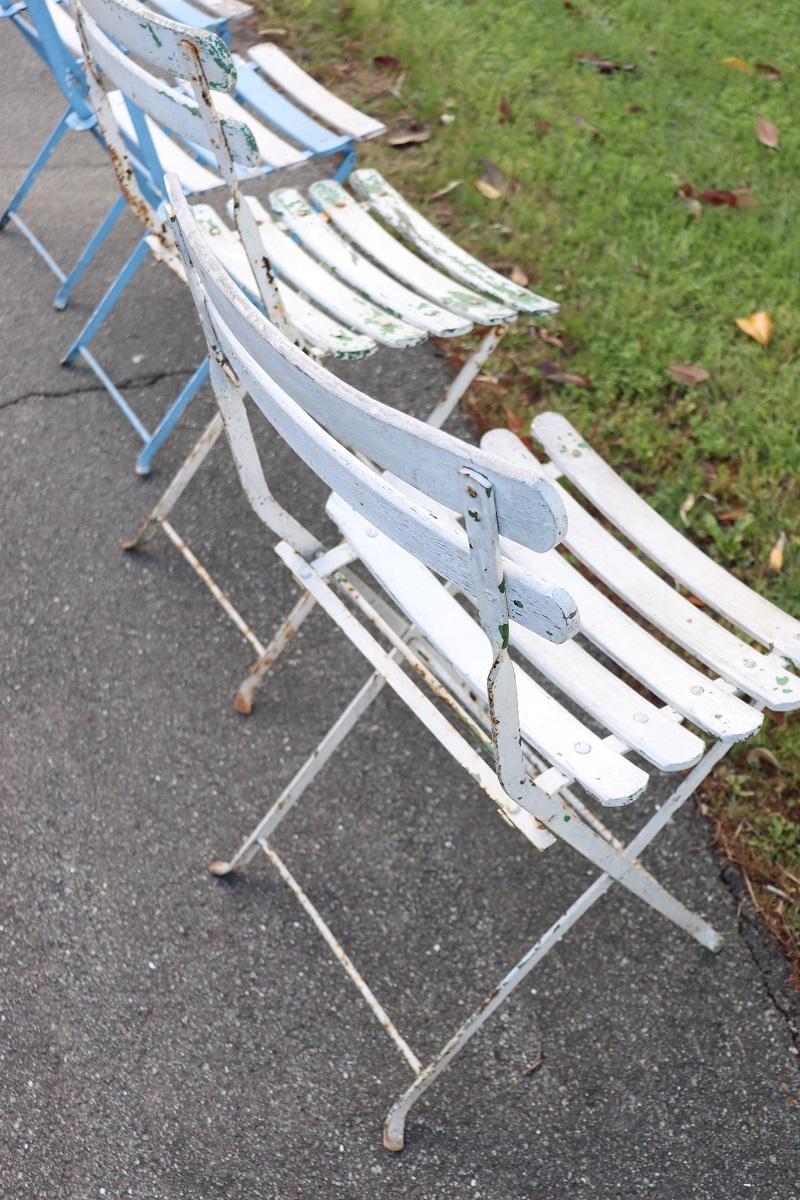 Set of 8 French Bistro Garden Folding Chairs in Iron and Wood Slats For Sale 5