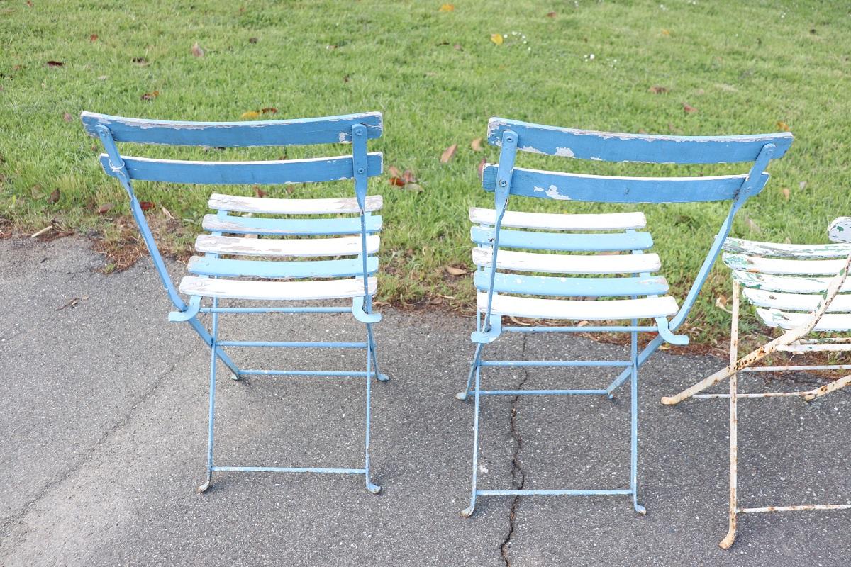 Set of 8 French Bistro Garden Folding Chairs in Iron and Wood Slats For Sale 6