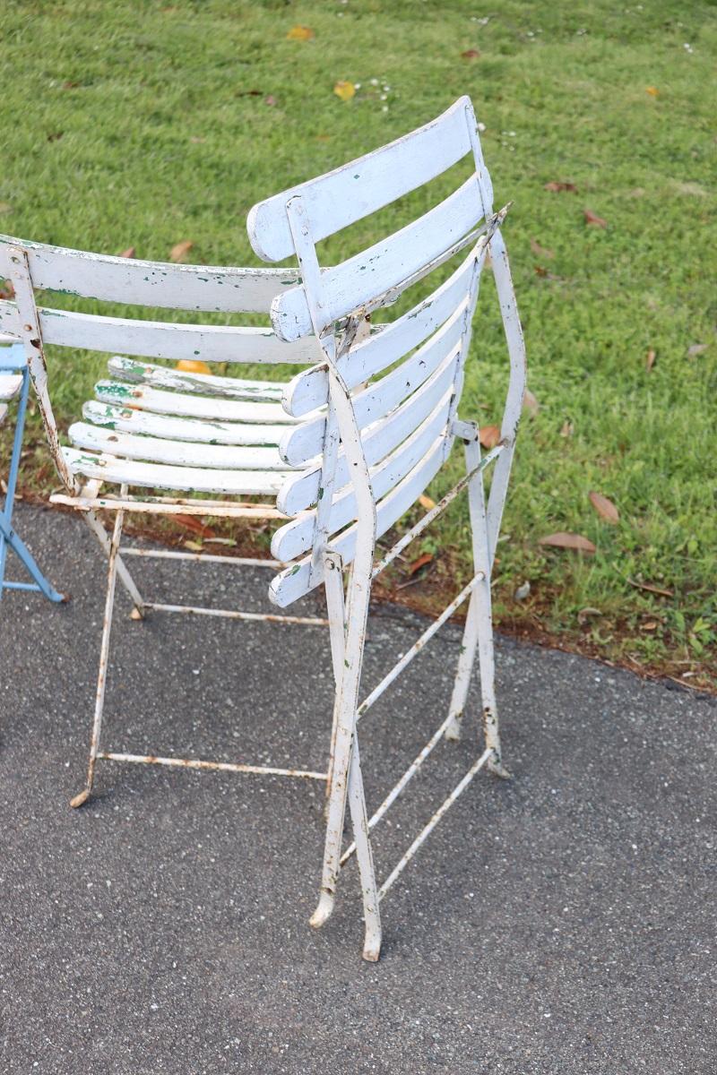 Set of 8 French Bistro Garden Folding Chairs in Iron and Wood Slats For Sale 8