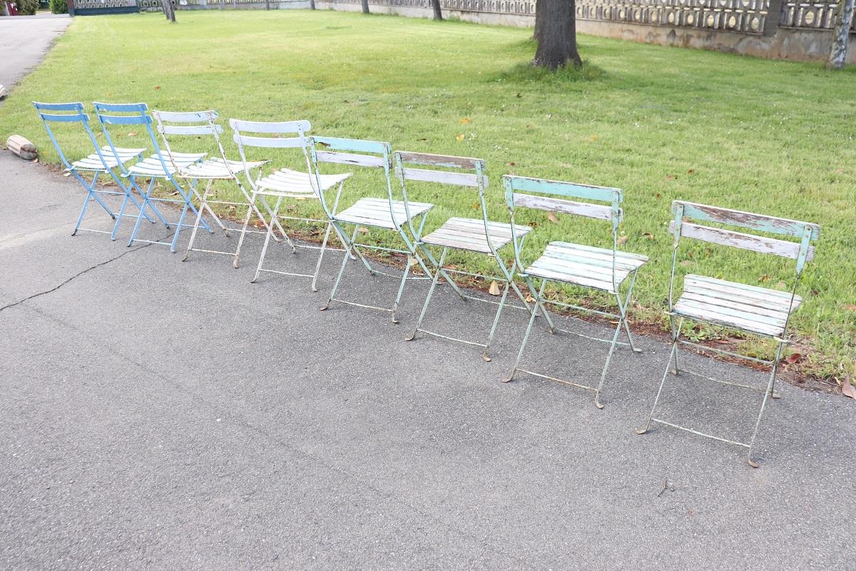 Set of 8 French Bistro Garden Folding Chairs in Iron and Wood Slats For Sale 2