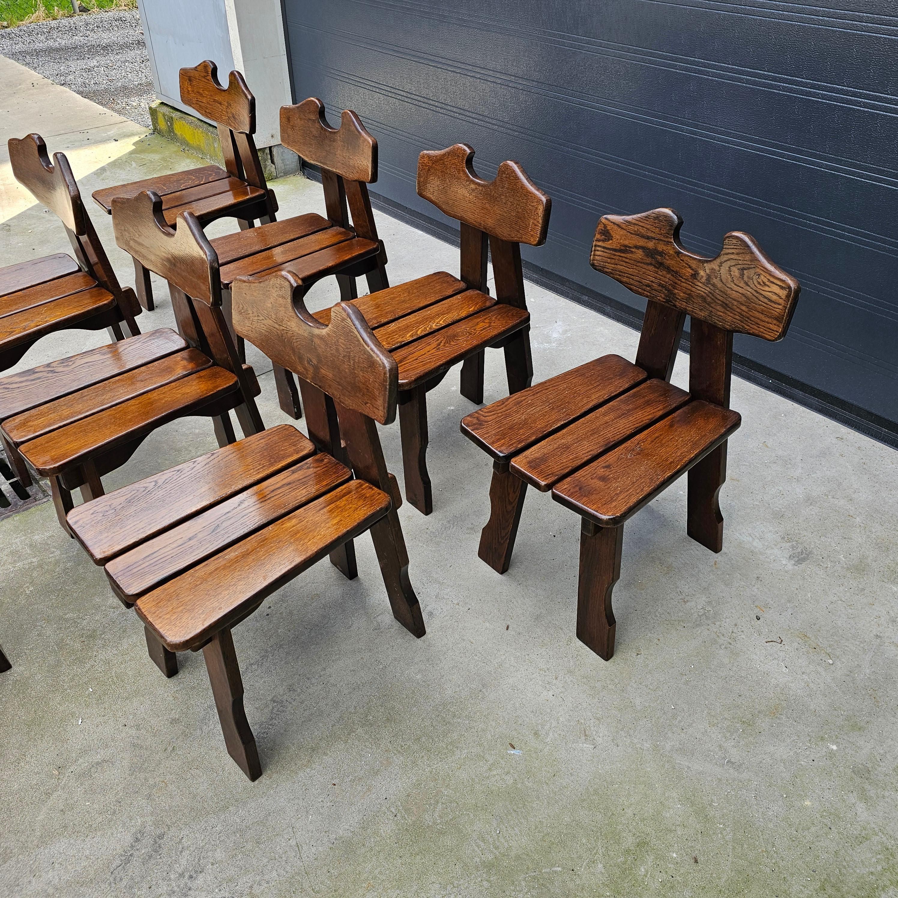 Set of 8 French Brutalist Solid Oak Chairs For Sale 7
