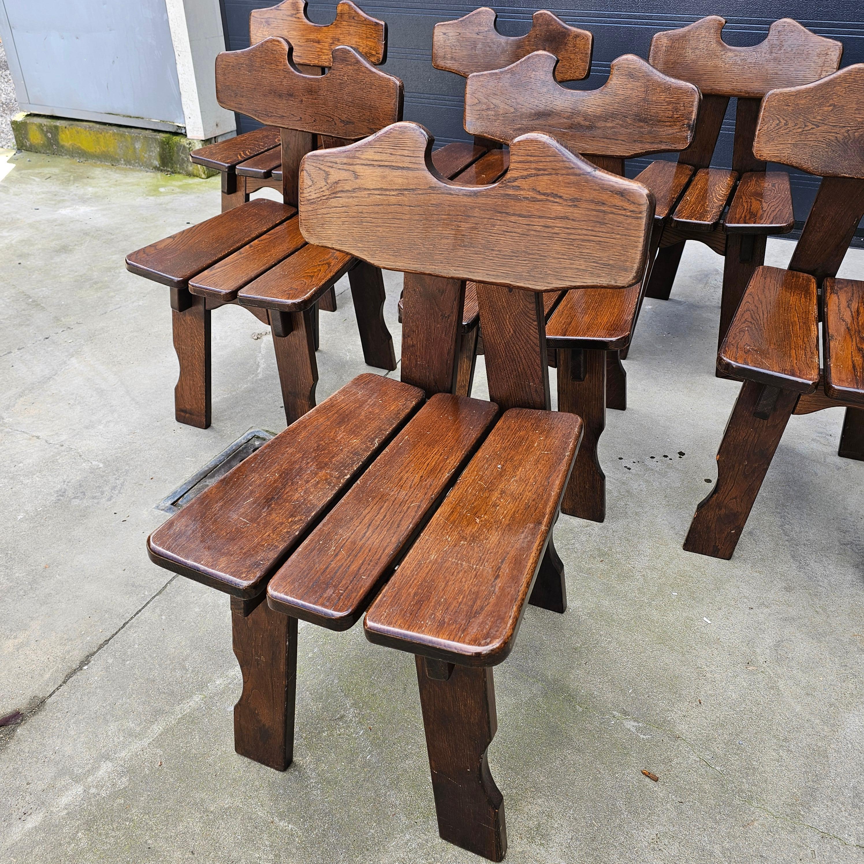 Late 20th Century Set of 8 French Brutalist Solid Oak Chairs For Sale