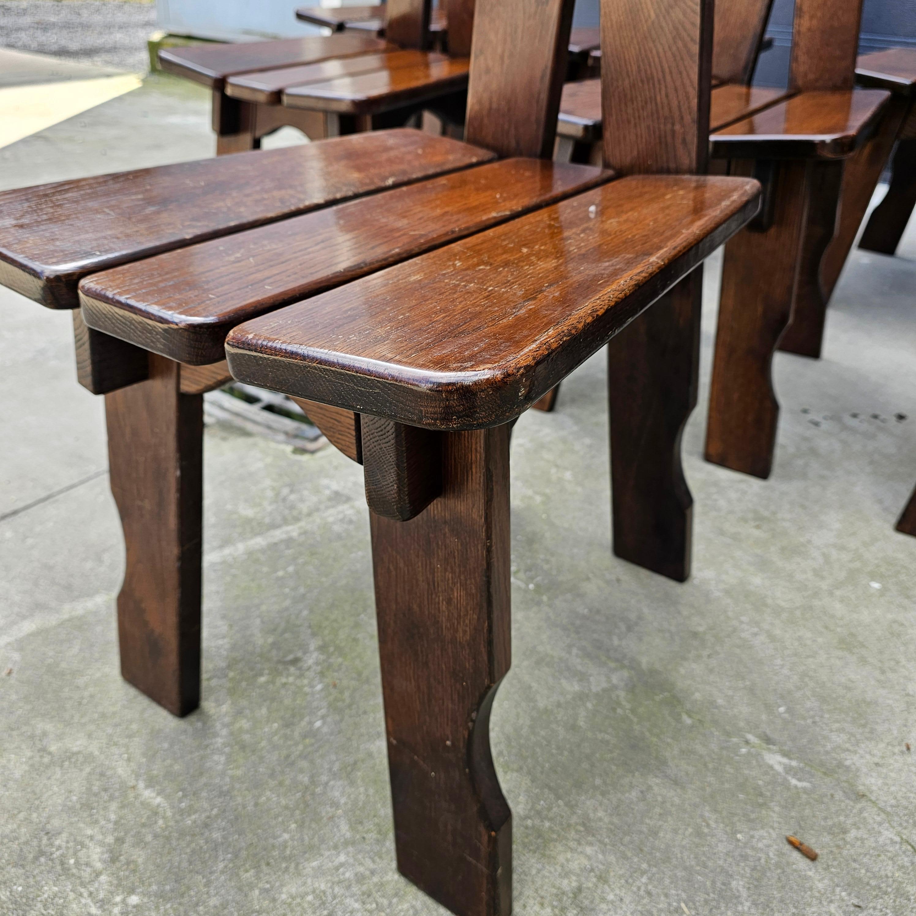 Set of 8 French Brutalist Solid Oak Chairs For Sale 1