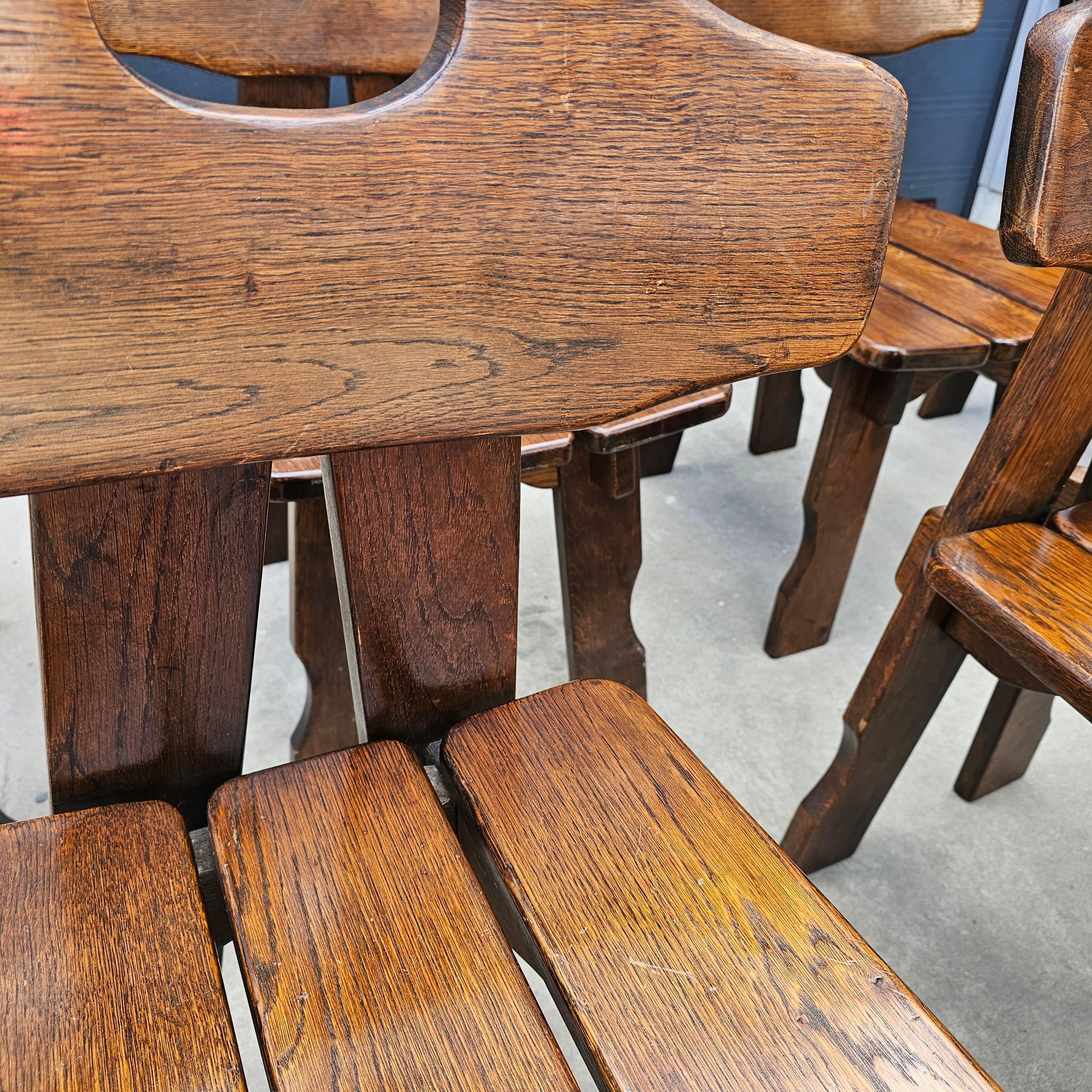 Set of 8 French Brutalist Solid Oak Chairs For Sale 3