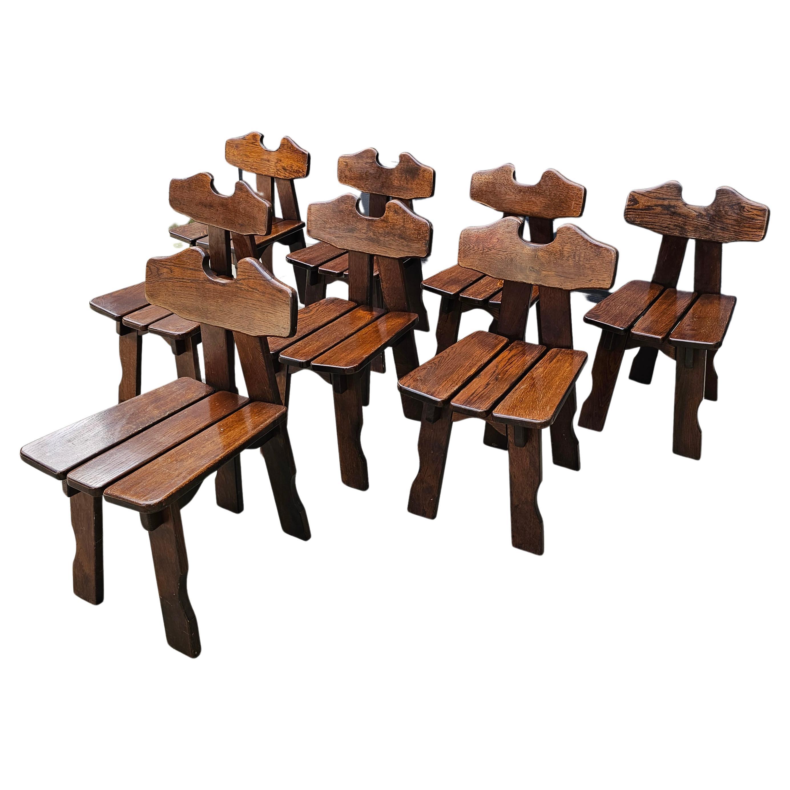 Set of 8 French Brutalist Solid Oak Chairs For Sale