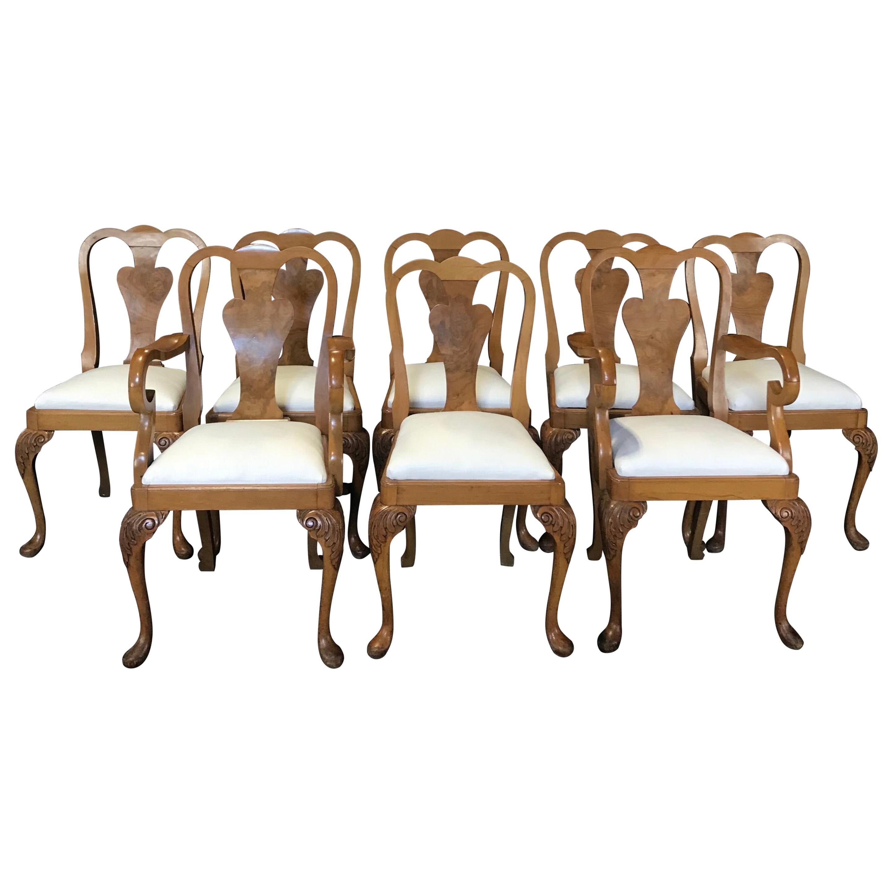 Set of 8 French Burled Walnut and Claw Foot Dining Chairs